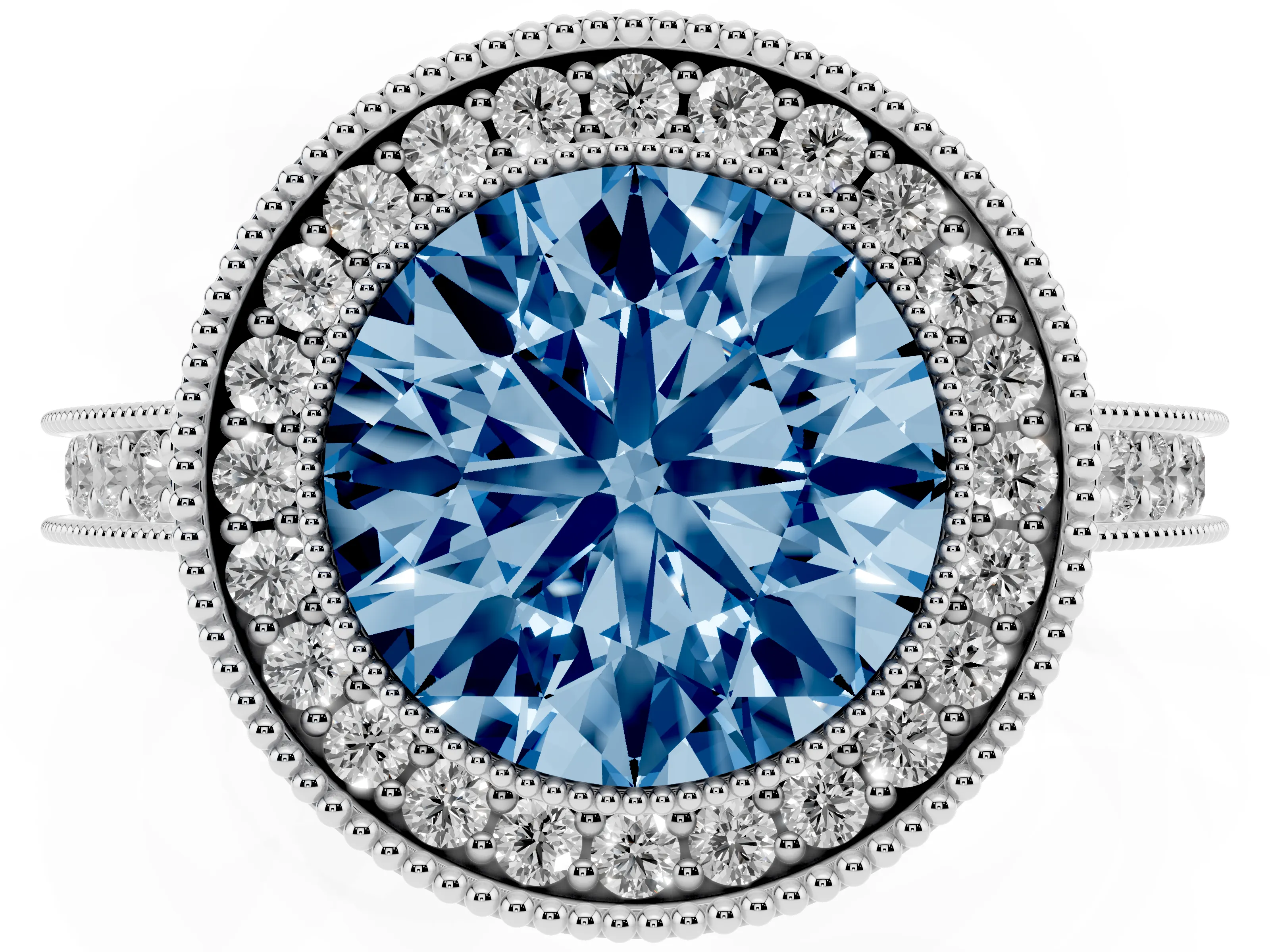 Fancy Blue Round Cut Diamond Halo Milgrain Pavé Band Ring Set in Platinum with Prong Setting