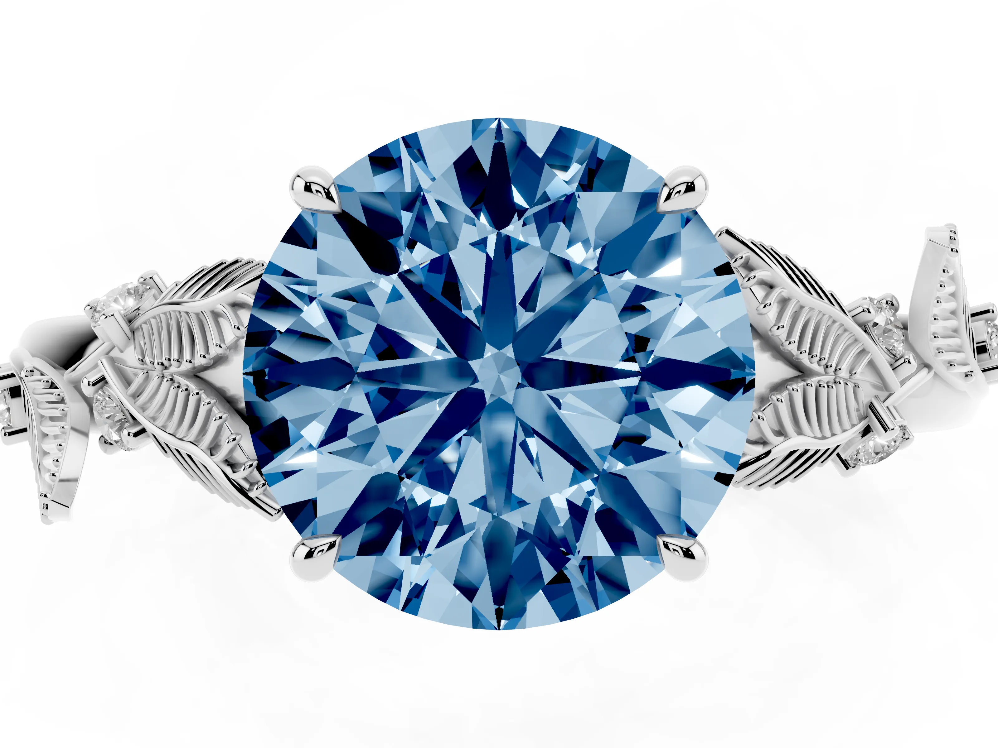 Fancy Blue Round Cut Diamond Solitaire Ring Set in White gold with Leaf Motif Band