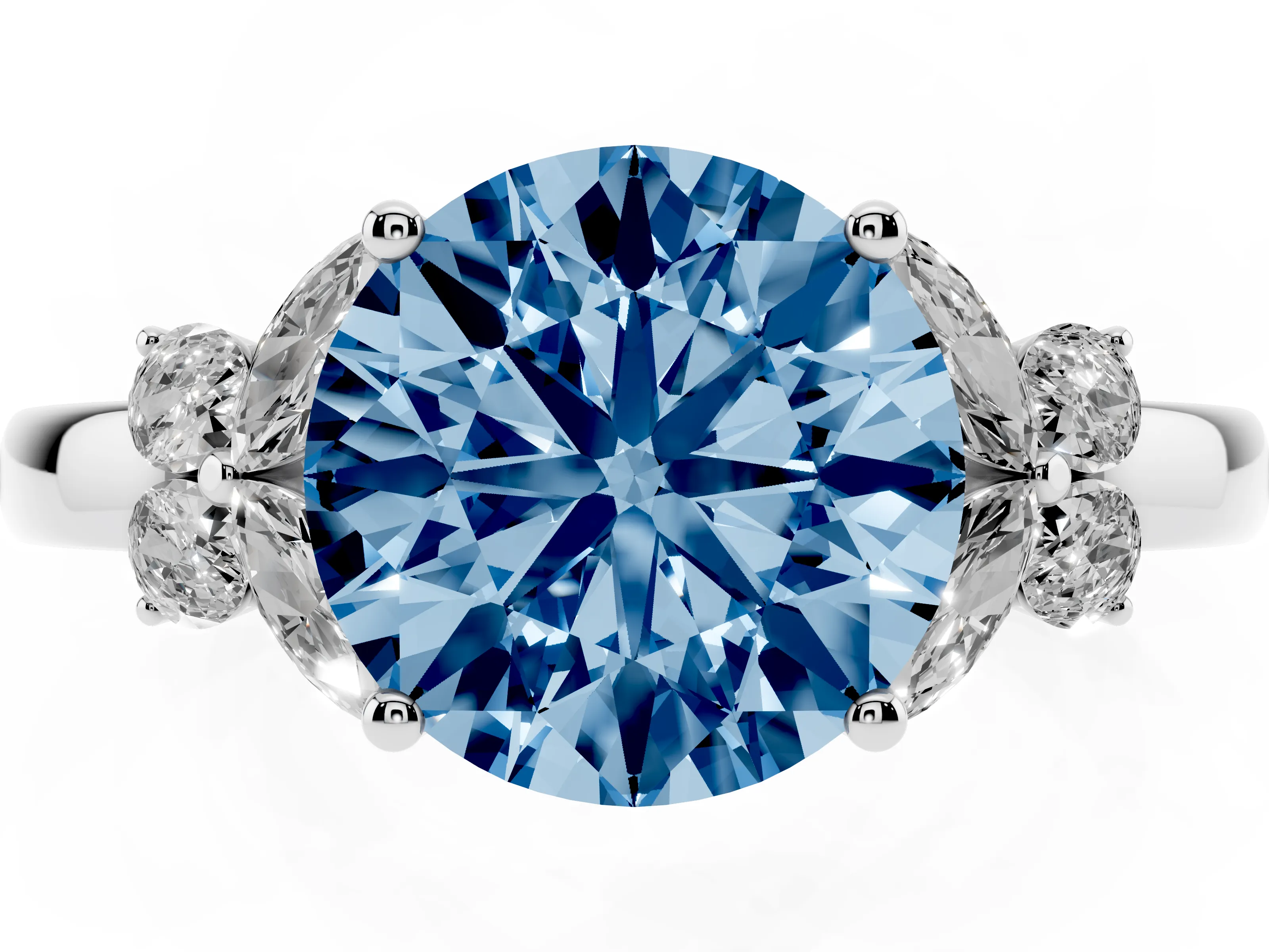 Fancy Blue Round Cut Diamond Solitaire Floral Ring Set in Silver with Marquise Petals and Prong Setting