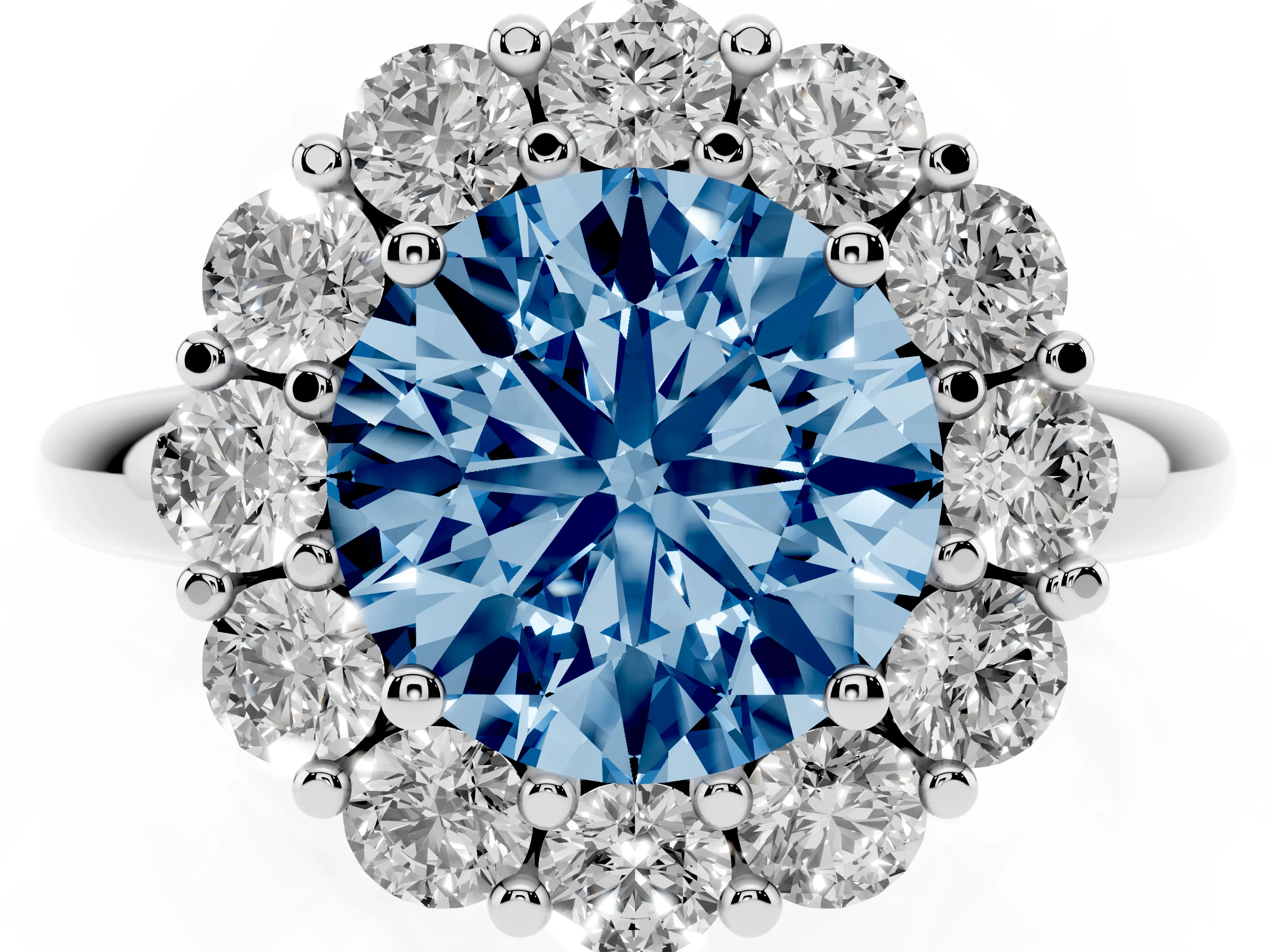 Fancy Blue Round Cut Diamond Halo Cluster Engagement Ring Set in Silver with Polished Band and Prong Setting