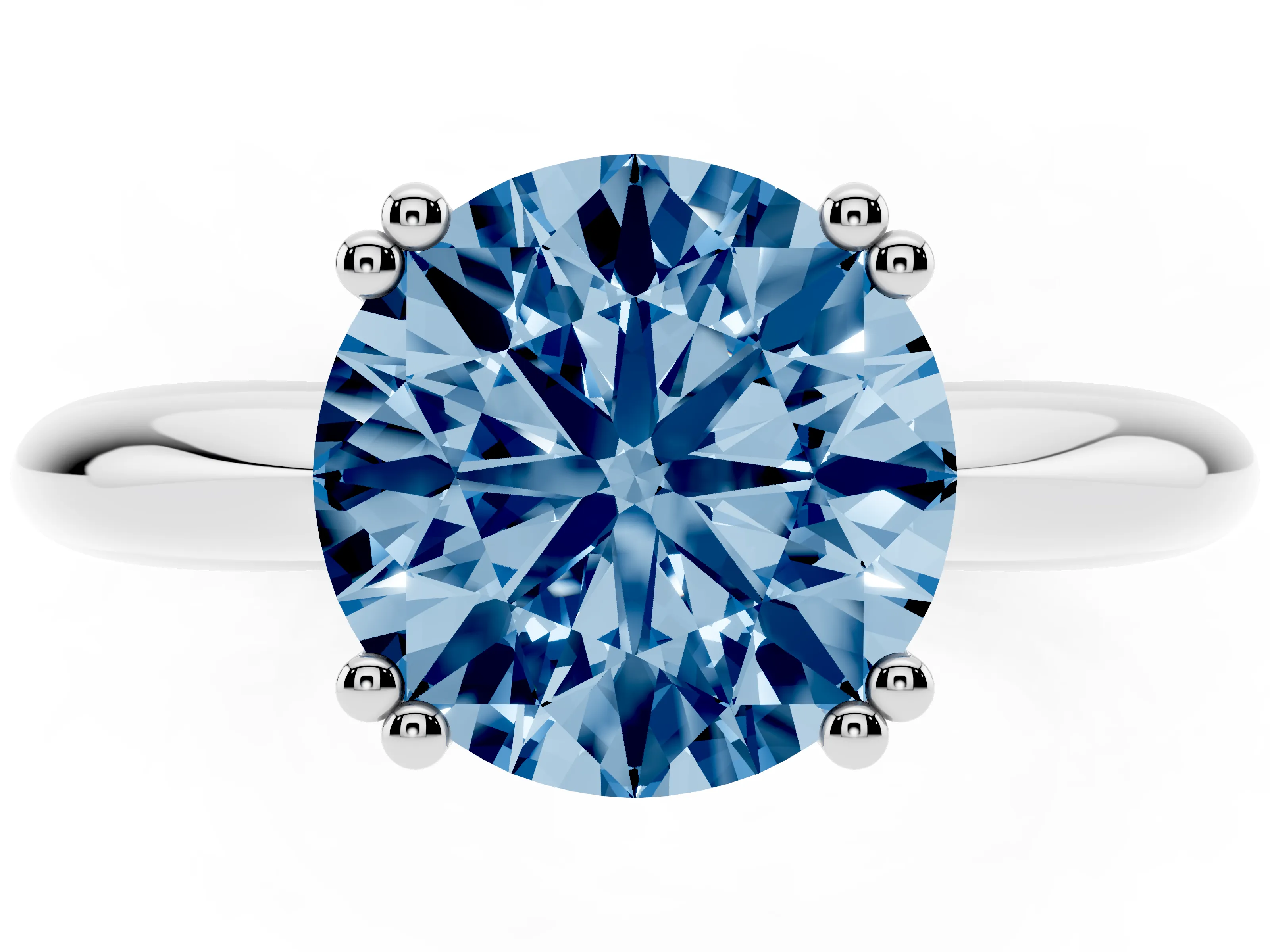 Fancy Blue Round Cut Diamond Solitaire Engagement Ring Set in White gold with Tapered Band and Prong Setting