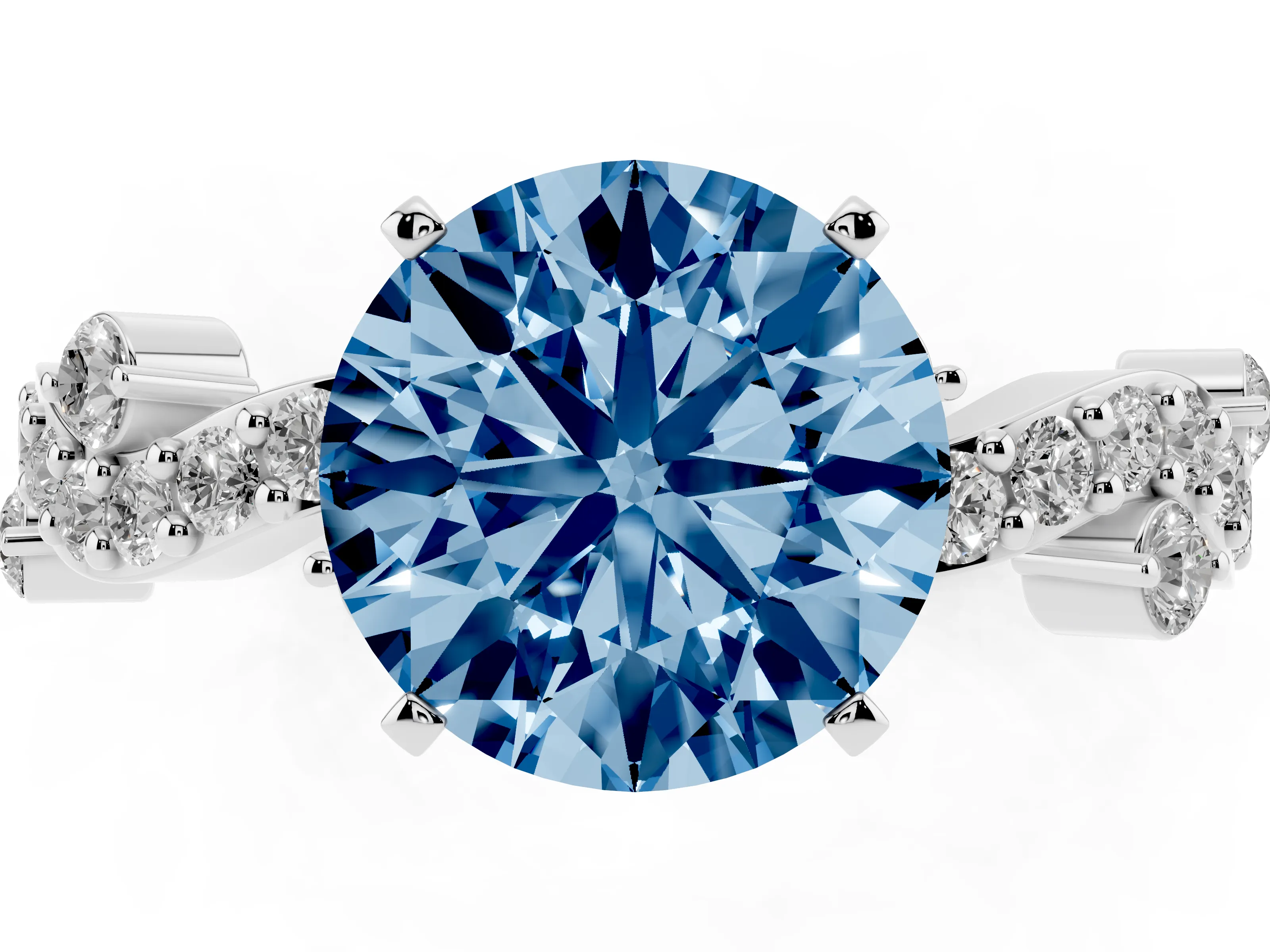 Fancy Blue Round Cut Diamond Solitaire Twisted Band Set in Platinum with Pavé Setting