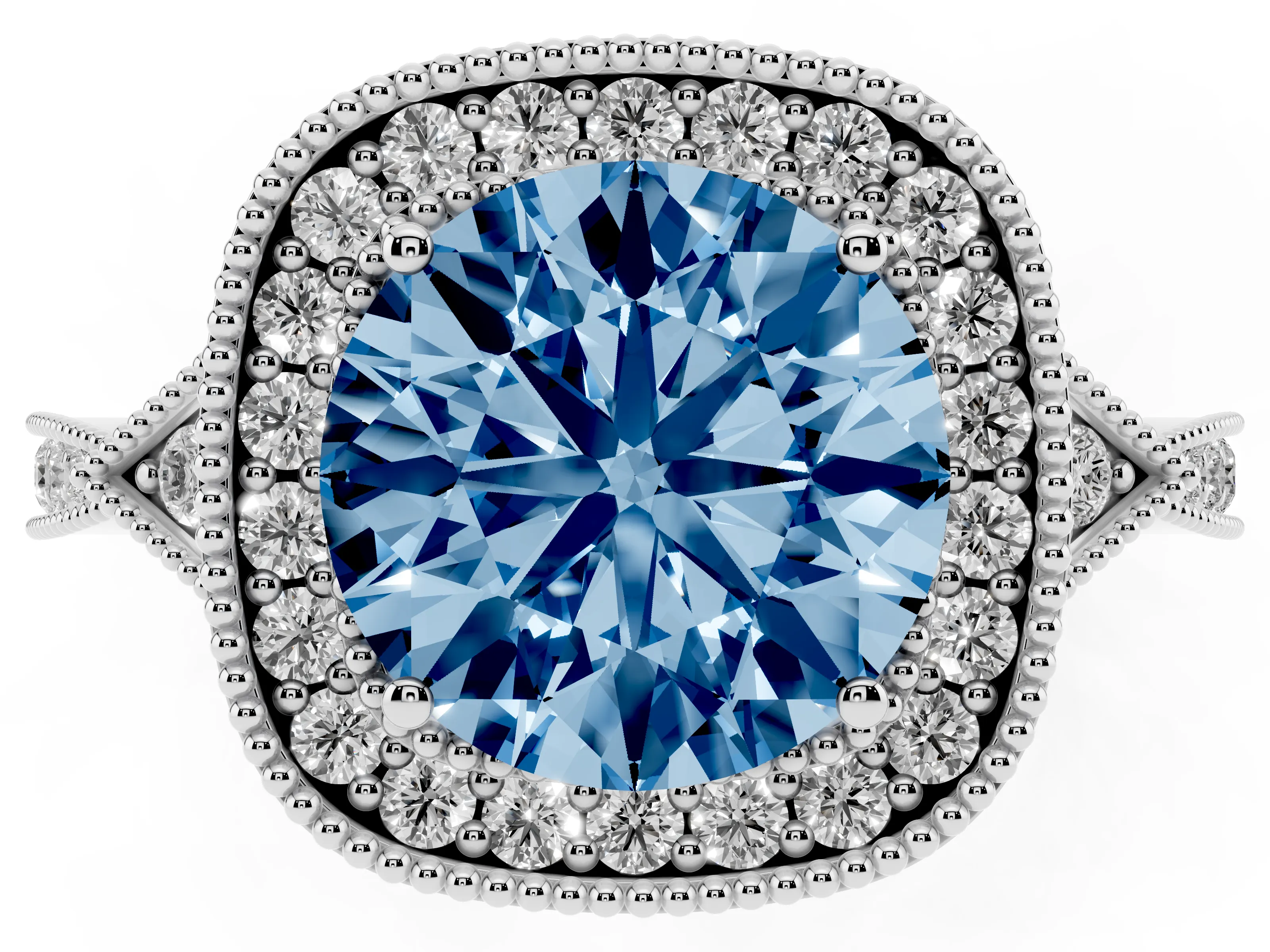 Fancy Blue Round Cut Diamond Halo Engagement Ring Set in Platinum with Milgrain Pavé Band