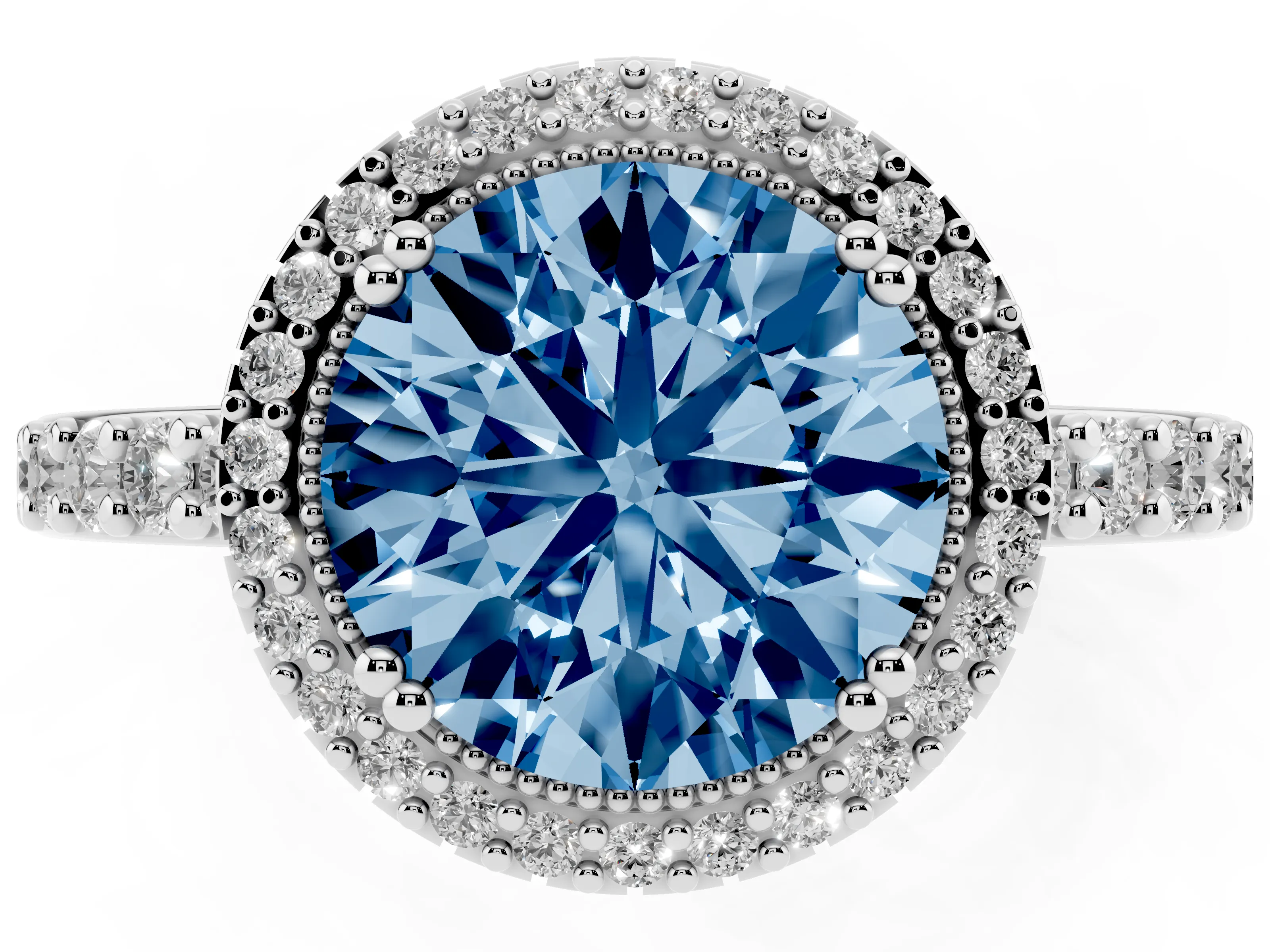Fancy Blue Round Cut Diamond Halo Engagement Ring Set in Silver with Milgrain Detail and Pavé Band