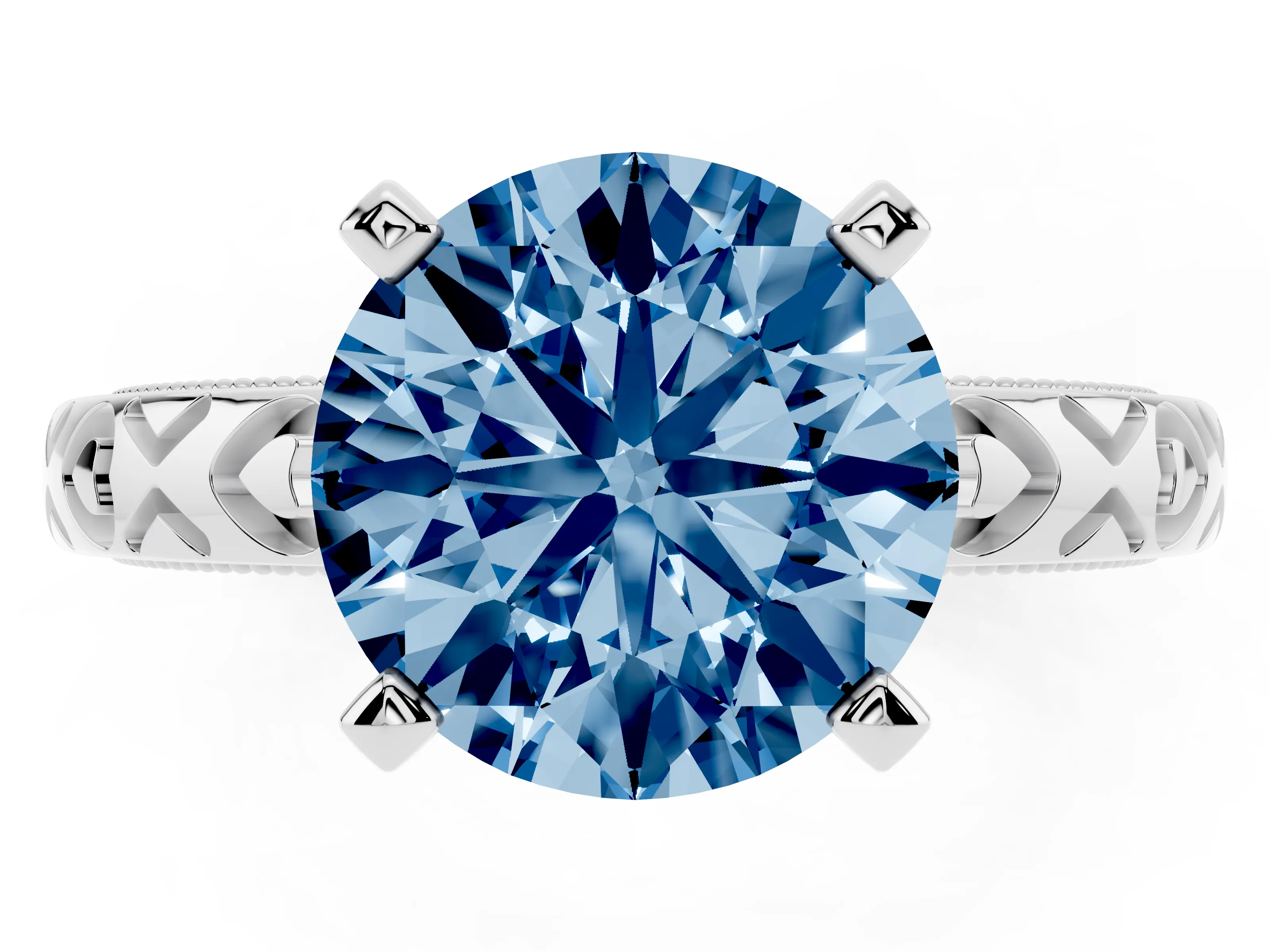 Fancy Blue Round Cut Diamond Solitaire Engagement Ring Set in Platinum with XO Engraved Band and Prong Setting