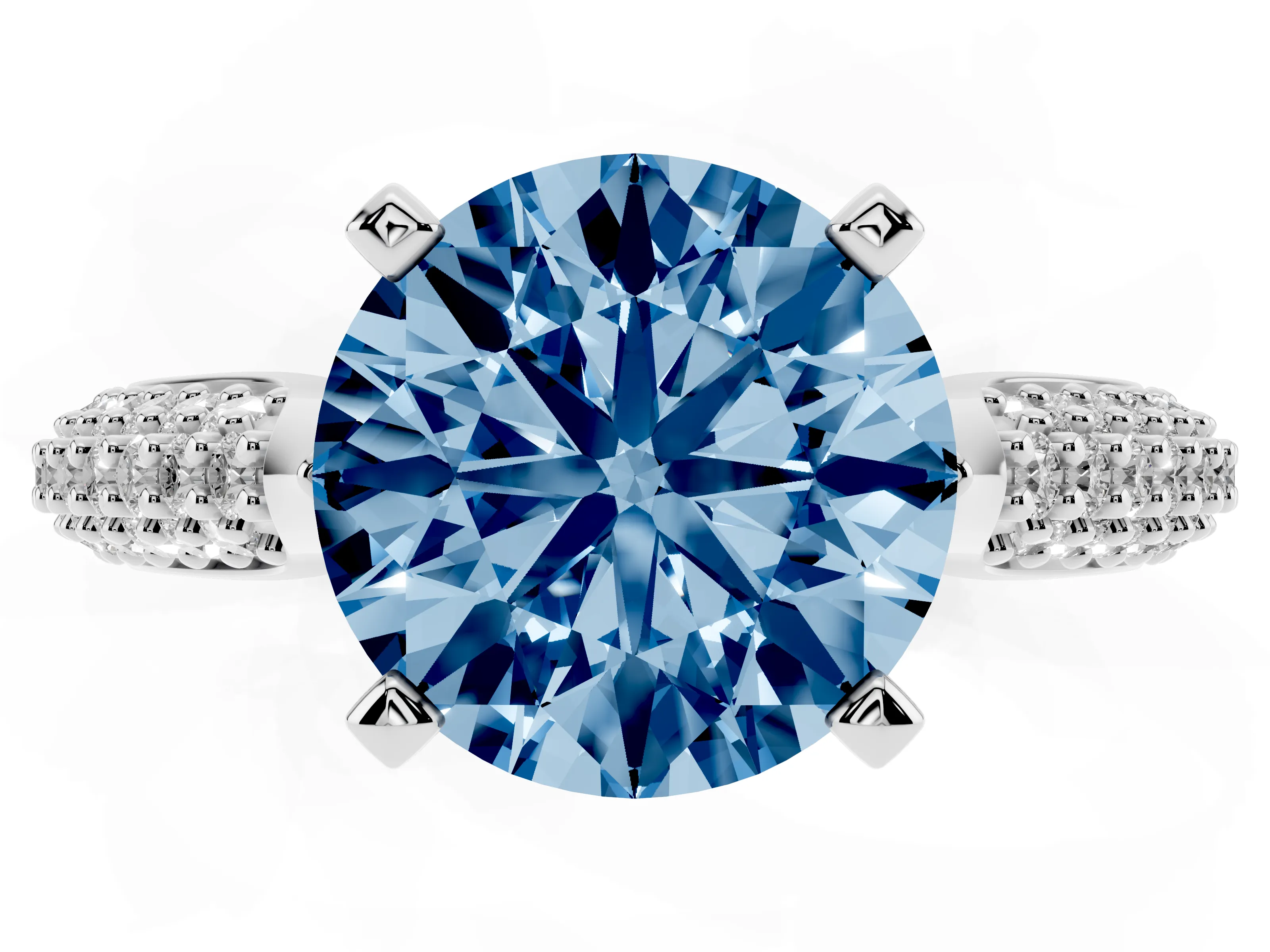 Fancy Blue Round Cut Diamond Solitaire Engagement Ring Set in White gold with Multi-Row Round Pavé Band and Prong Setting