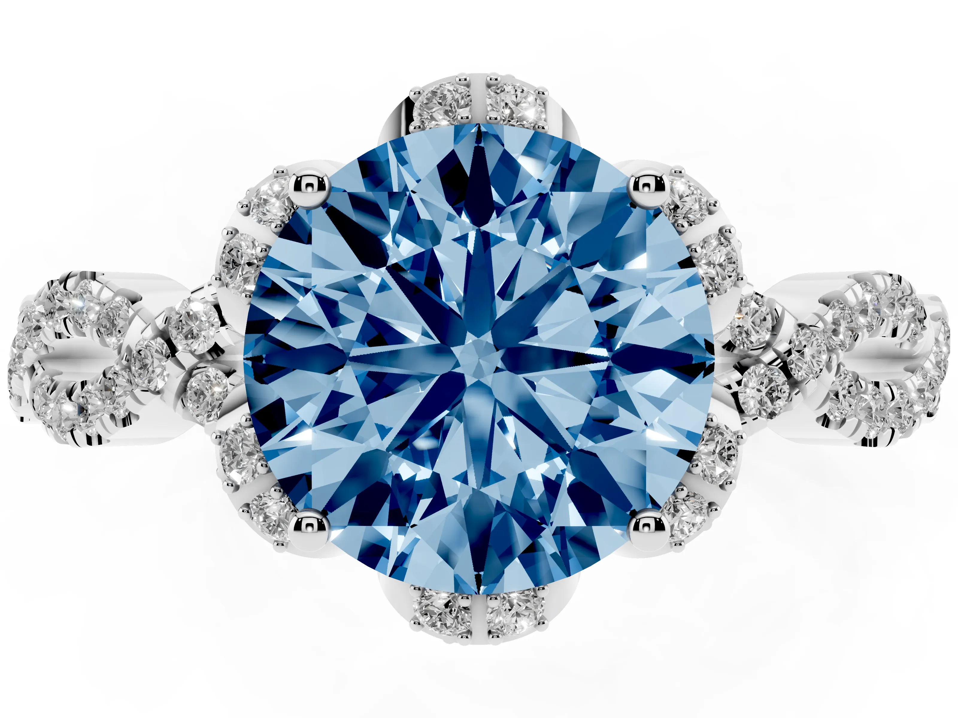 Fancy Blue Round Cut Diamond Halo Twist Band Solitaire Ring Set in Silver with Prong-Set Center Stone