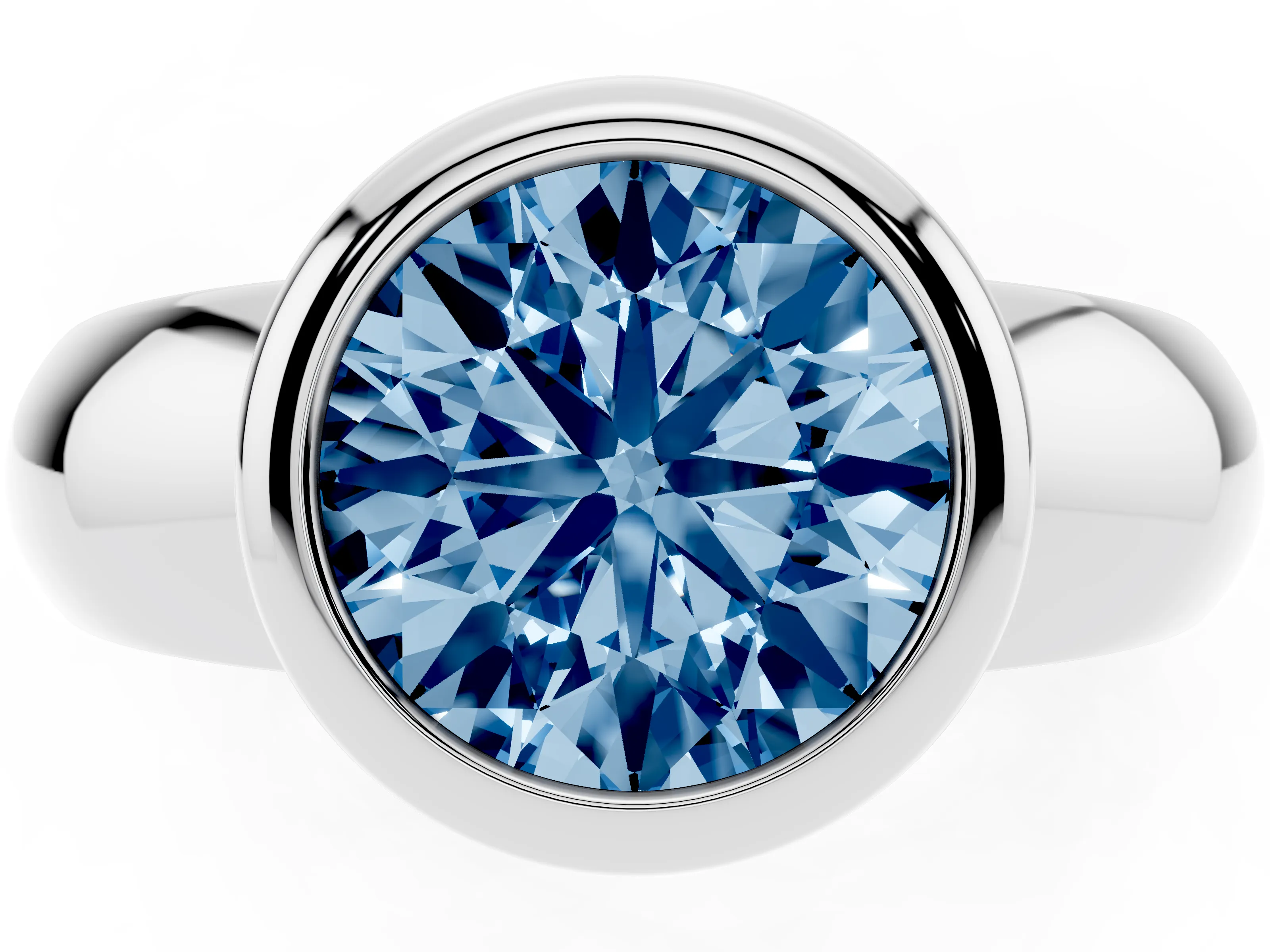 Fancy Blue Bezel Set Round Cut Diamond Solitaire Ring Set in Platinum with Wide Band