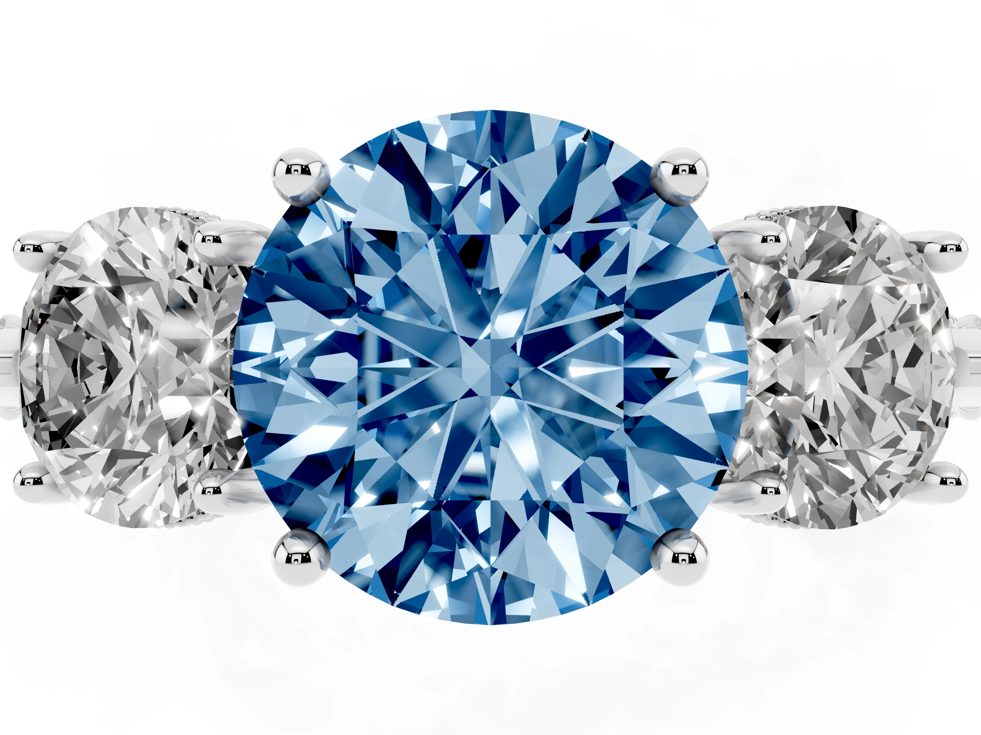 Fancy Blue Round Cut Diamond Three-Stone Ring Set in Silver with Milgrain Band