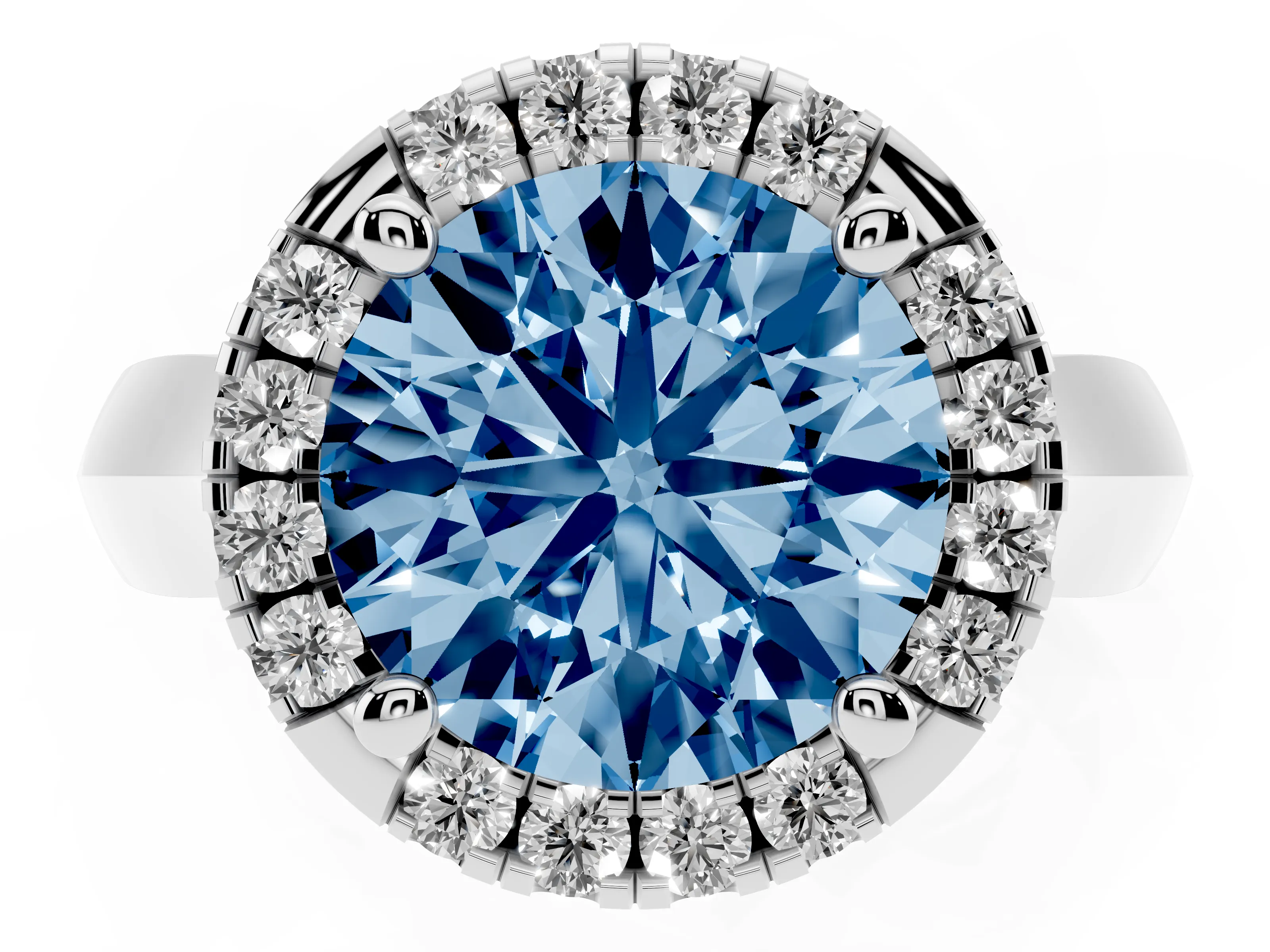 Fancy Blue Round Cut Diamond Halo Solitaire Engagement Ring Set in Platinum with Square Band and Prong Setting