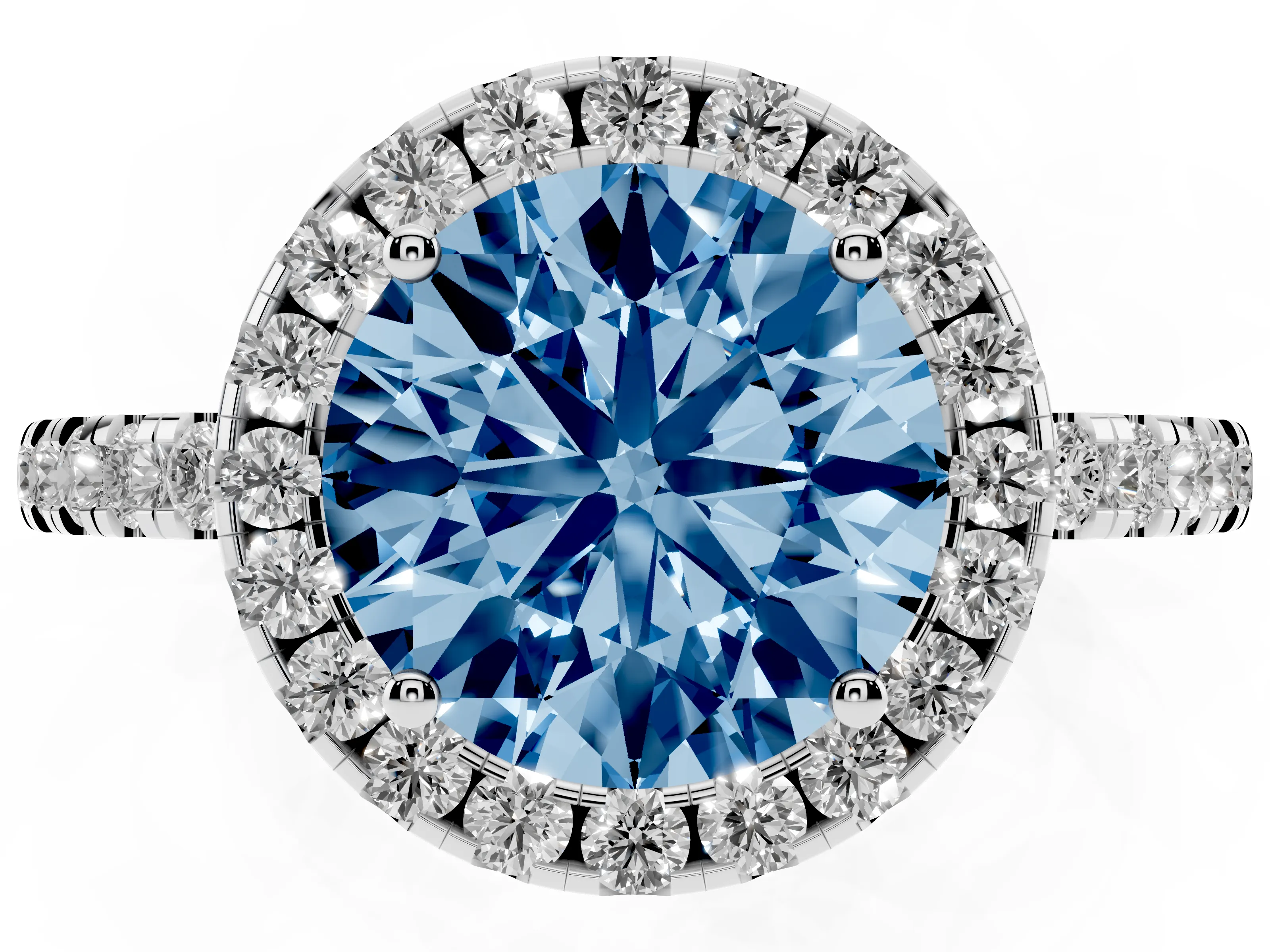 Fancy Blue Round Cut Diamond Pavé Band Halo Engagement Ring Set in White gold with Prong Setting