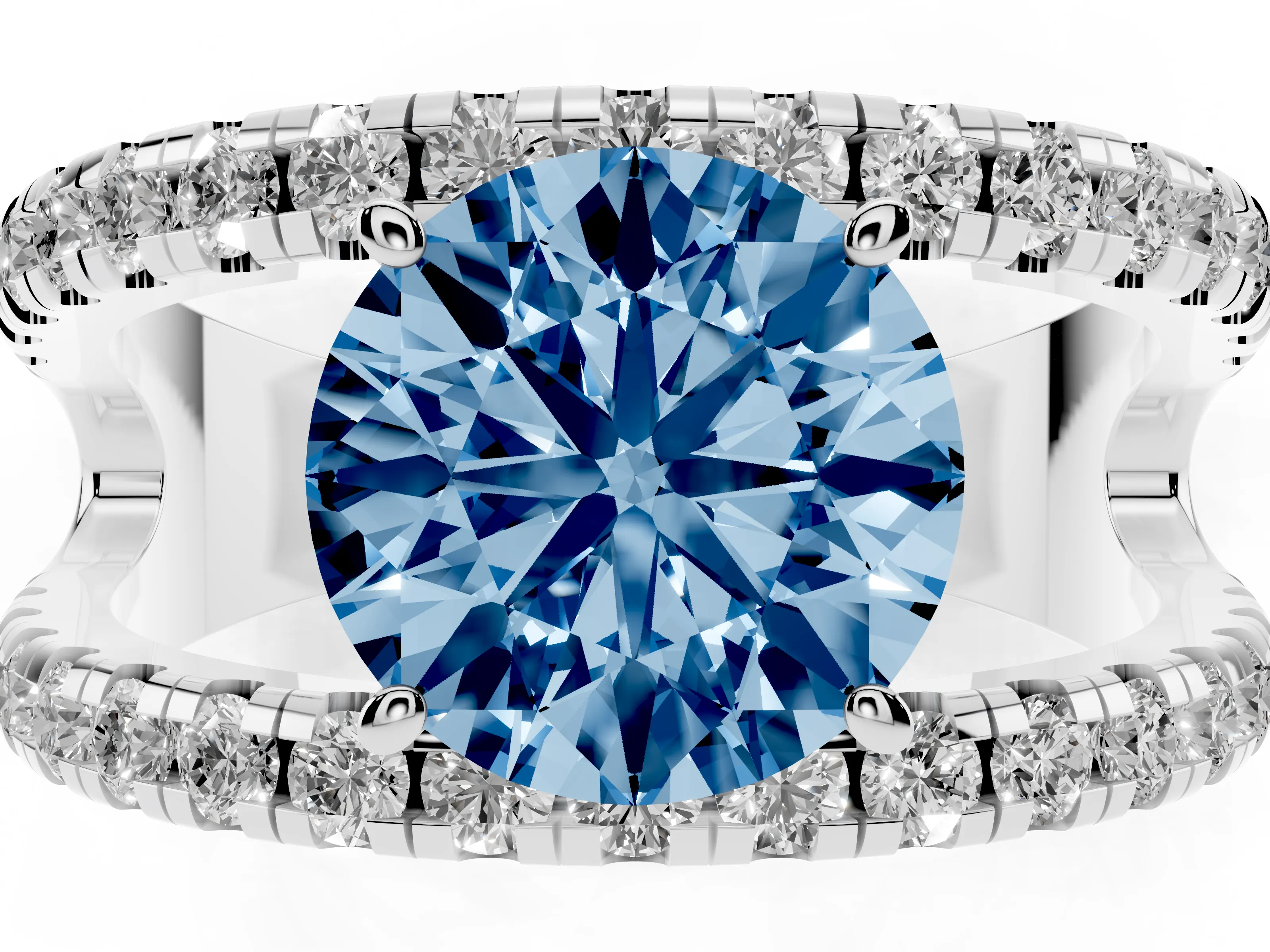 Fancy Blue Round Cut Diamond Split Shank Pavé Solitaire Ring Set in Silver with Open Shank Design
