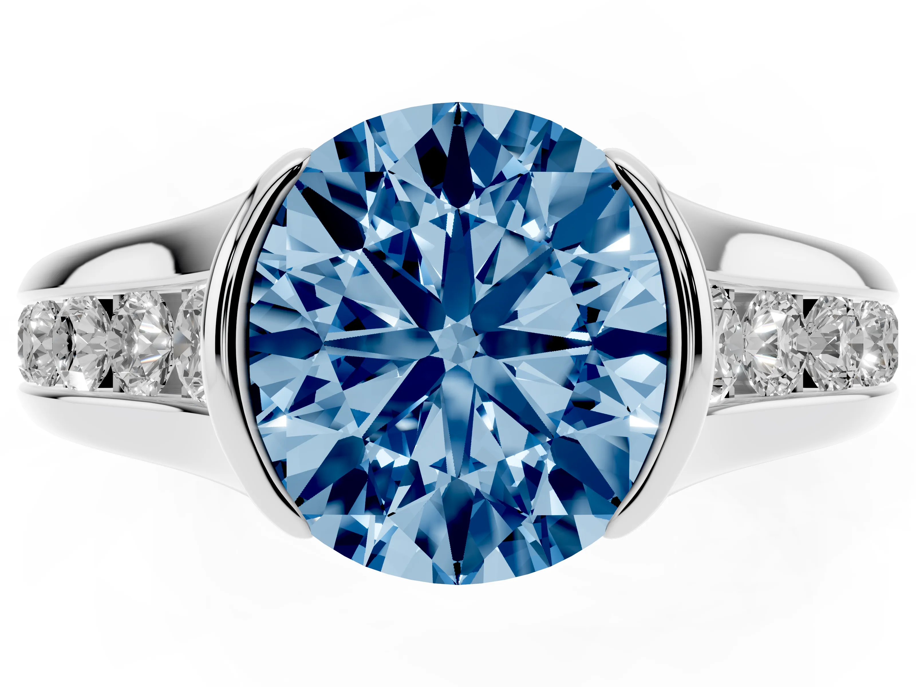 Fancy Blue Round Cut Diamond Bezel-Set Solitaire Ring Set in White gold with Channel-Set Band