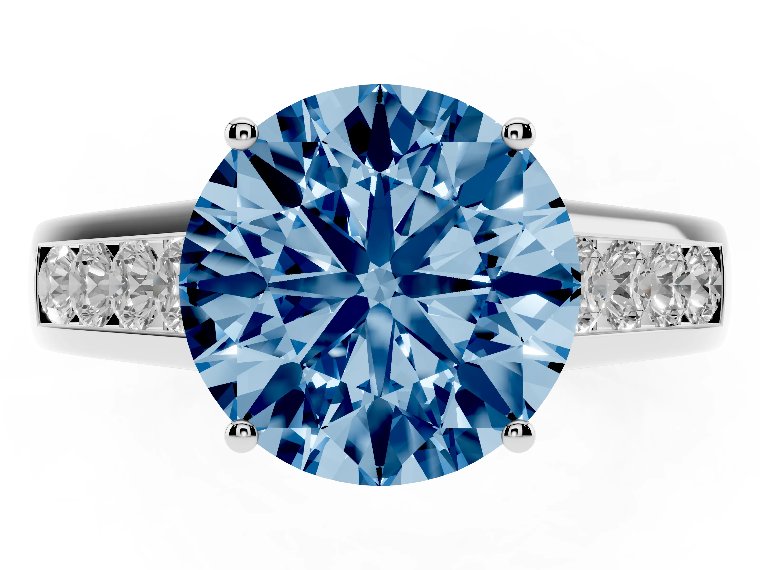 Fancy Blue Round Cut Diamond Solitaire Channel-Set Engagement Ring Set in Platinum with Prong Setting