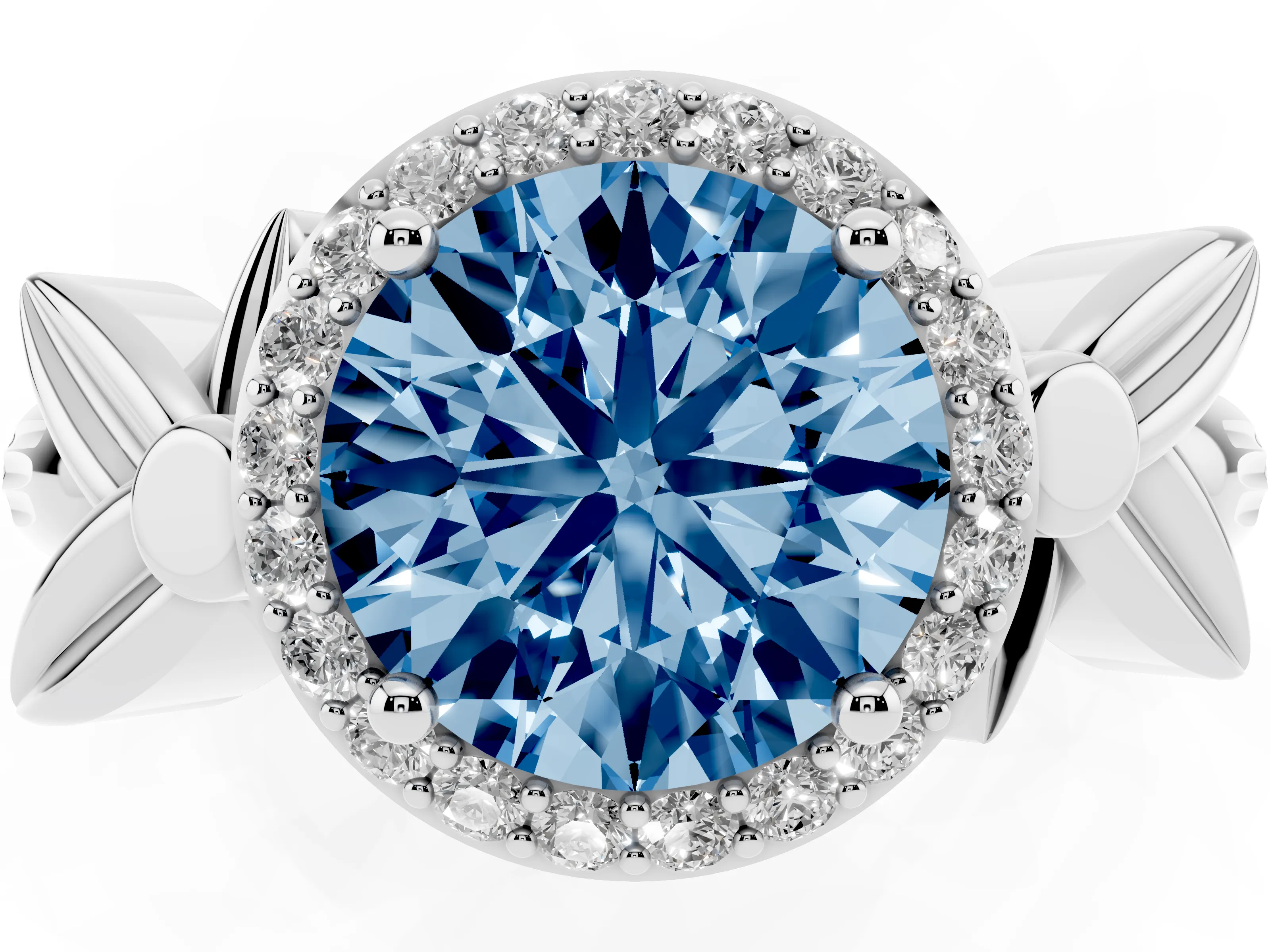 Fancy Blue Round Cut Diamond Halo Floral Band Ring Set in Silver with Prong Setting