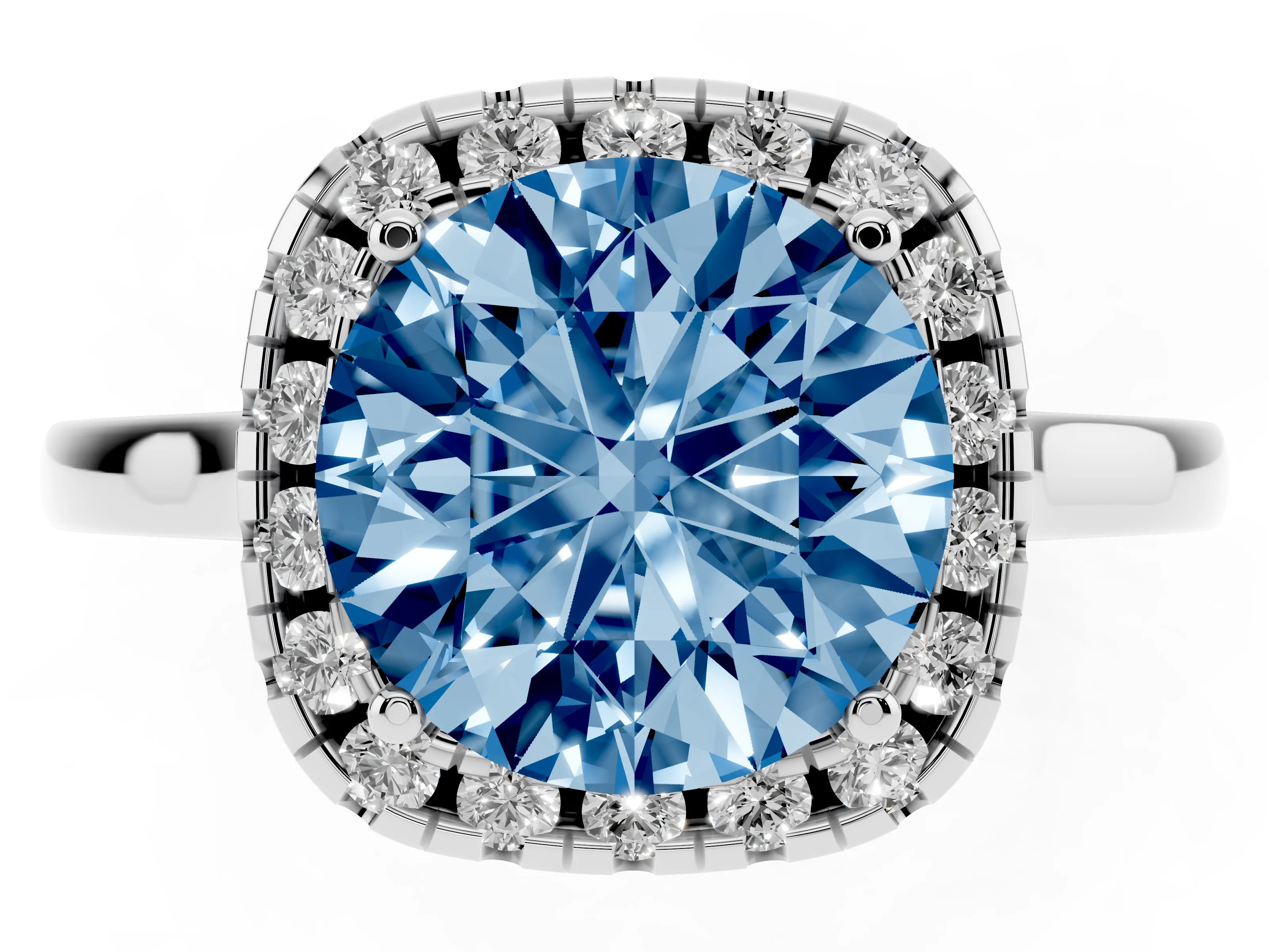 Fancy Blue Round Cut Halo Round Diamond Solitaire Ring Set in White gold with Pavé Band and Prong Setting