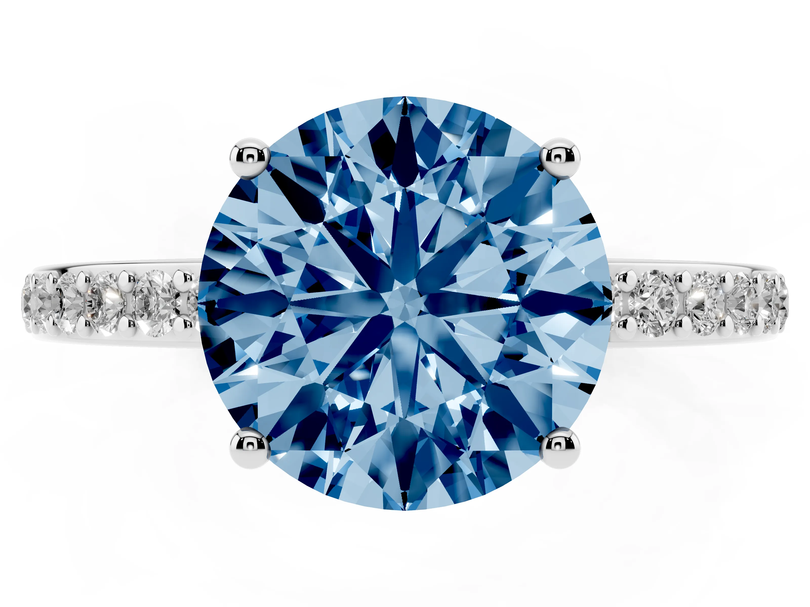 Fancy Blue Round Cut Diamond Pavé Band Ring Set in Silver with Prong-Set Center Stone