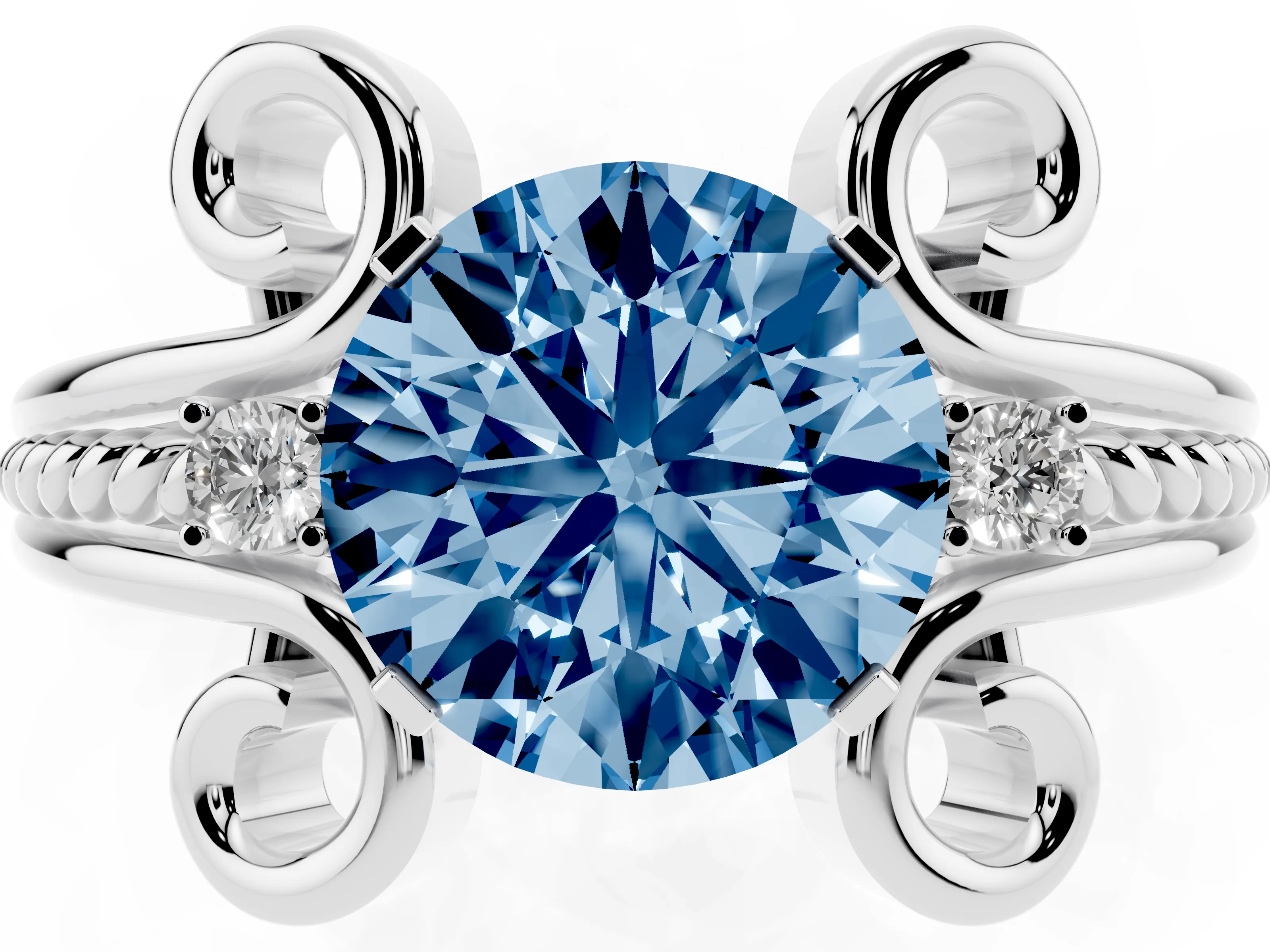 Fancy Blue Round Cut Diamond Twisted Band Solitaire Ring Set in White gold with Scroll Prongs