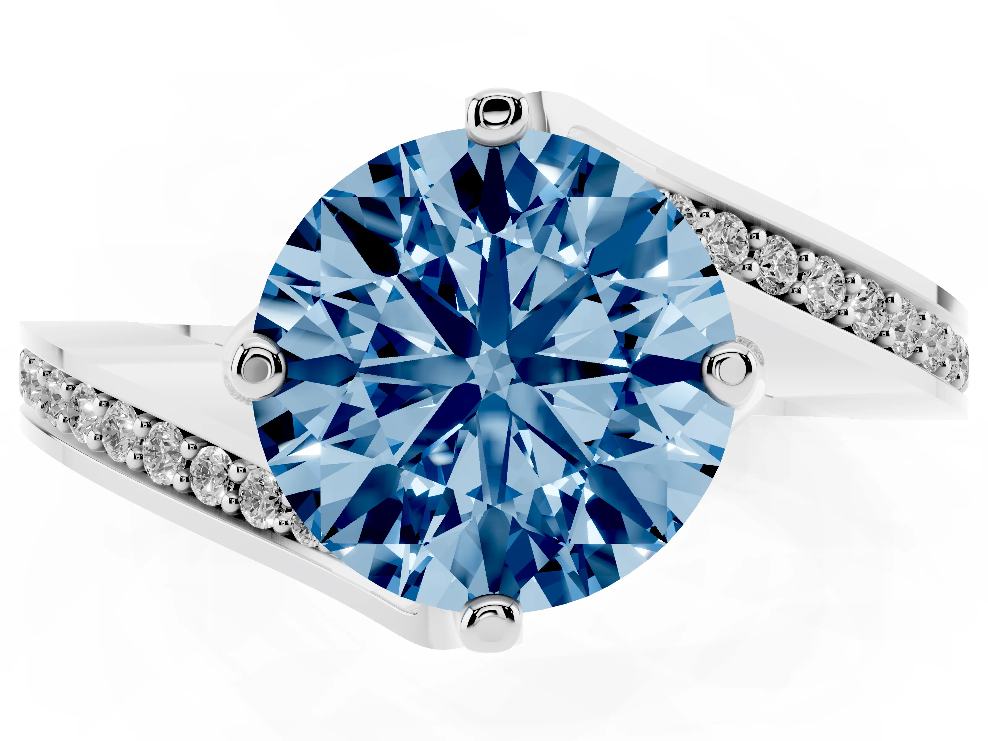 Fancy Blue Round Cut Diamond Solitaire Ring Set in White gold with Intertwined Pavé Twist Band