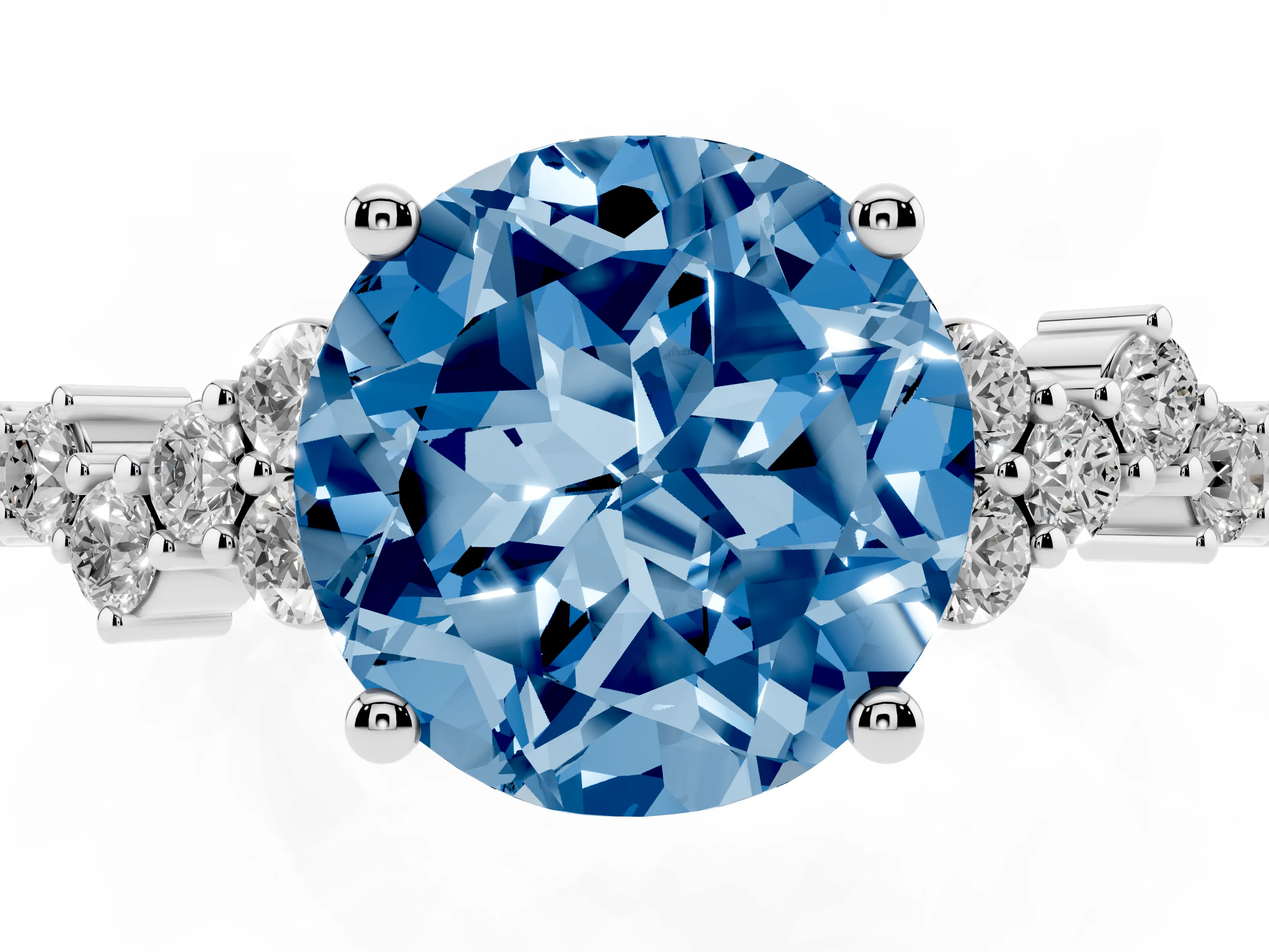 Fancy Blue Round Cut Diamond Ring Set in White gold with Scattered Round Accents