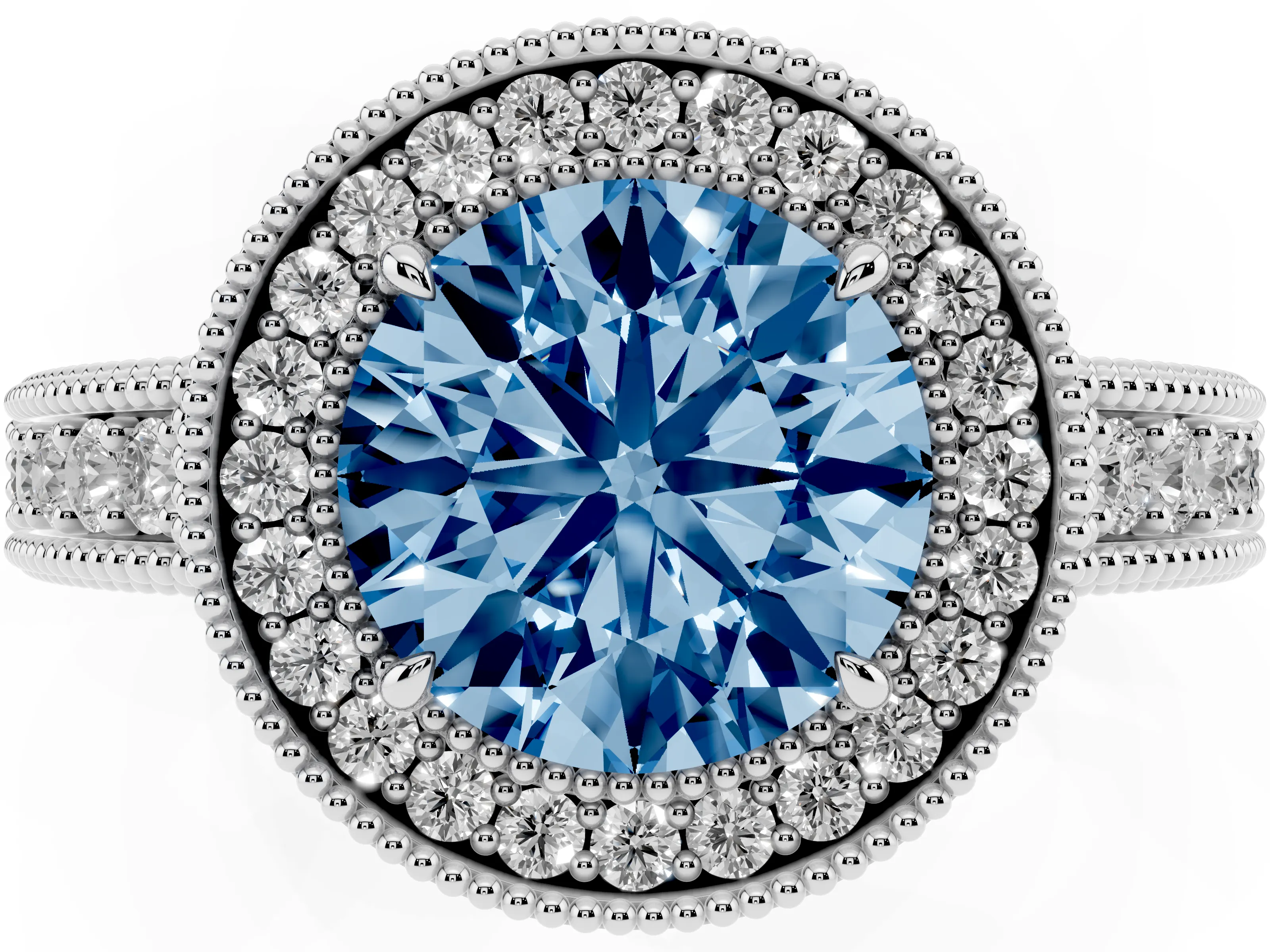 Fancy Blue Round Cut Diamond Halo Ring Set in Platinum with Round Accent Halo, Pavé Band and Prong Setting