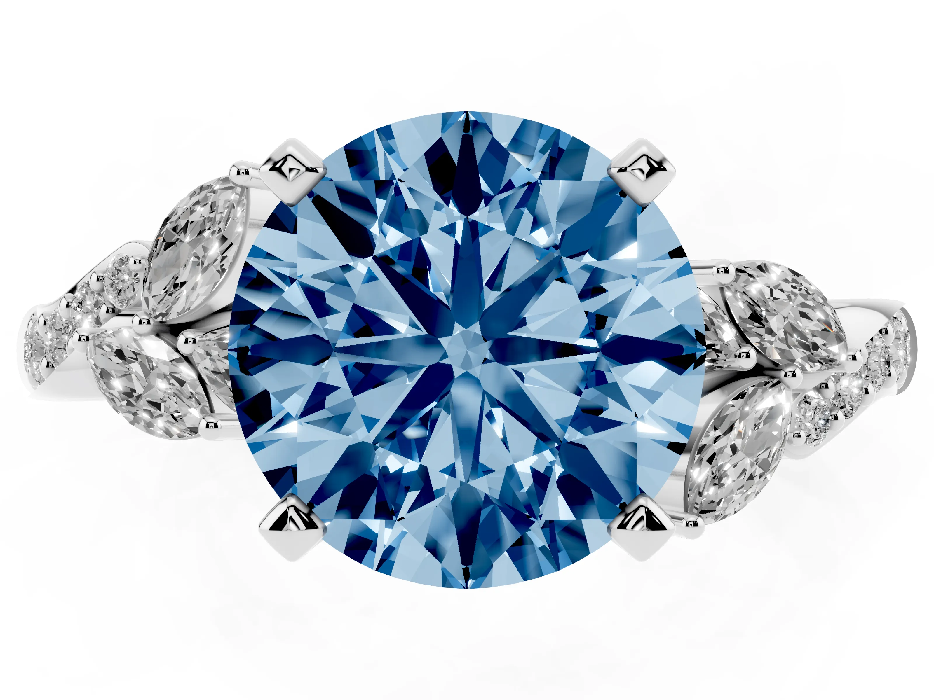 Fancy Blue Round Cut Diamond Solitaire Ring Set in Silver with Marquise Twist Band and Prong Setting