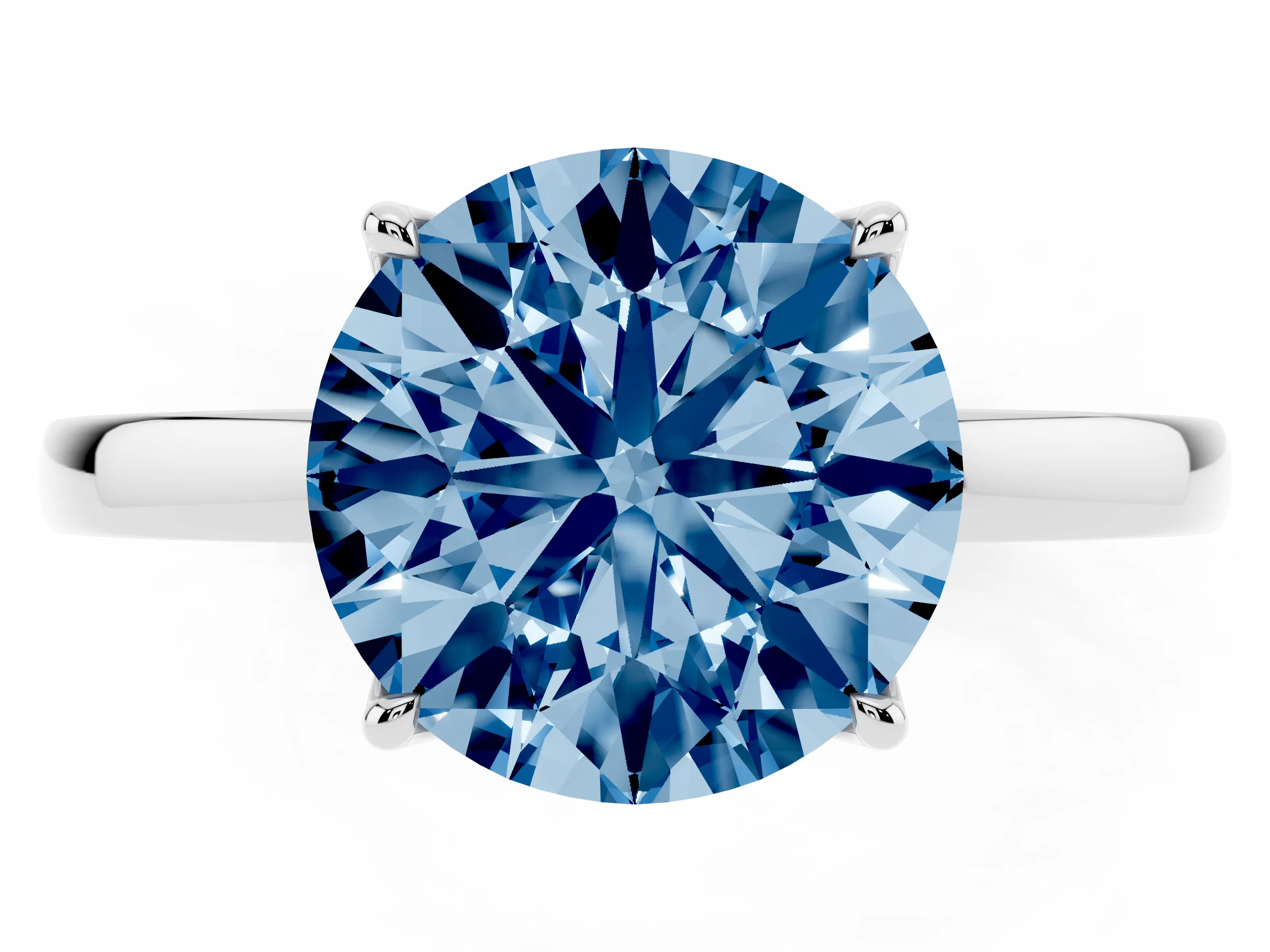 Fancy Blue Round Cut Diamond Solitaire Ring Set in White gold with Prong Setting and Thin Polished Band