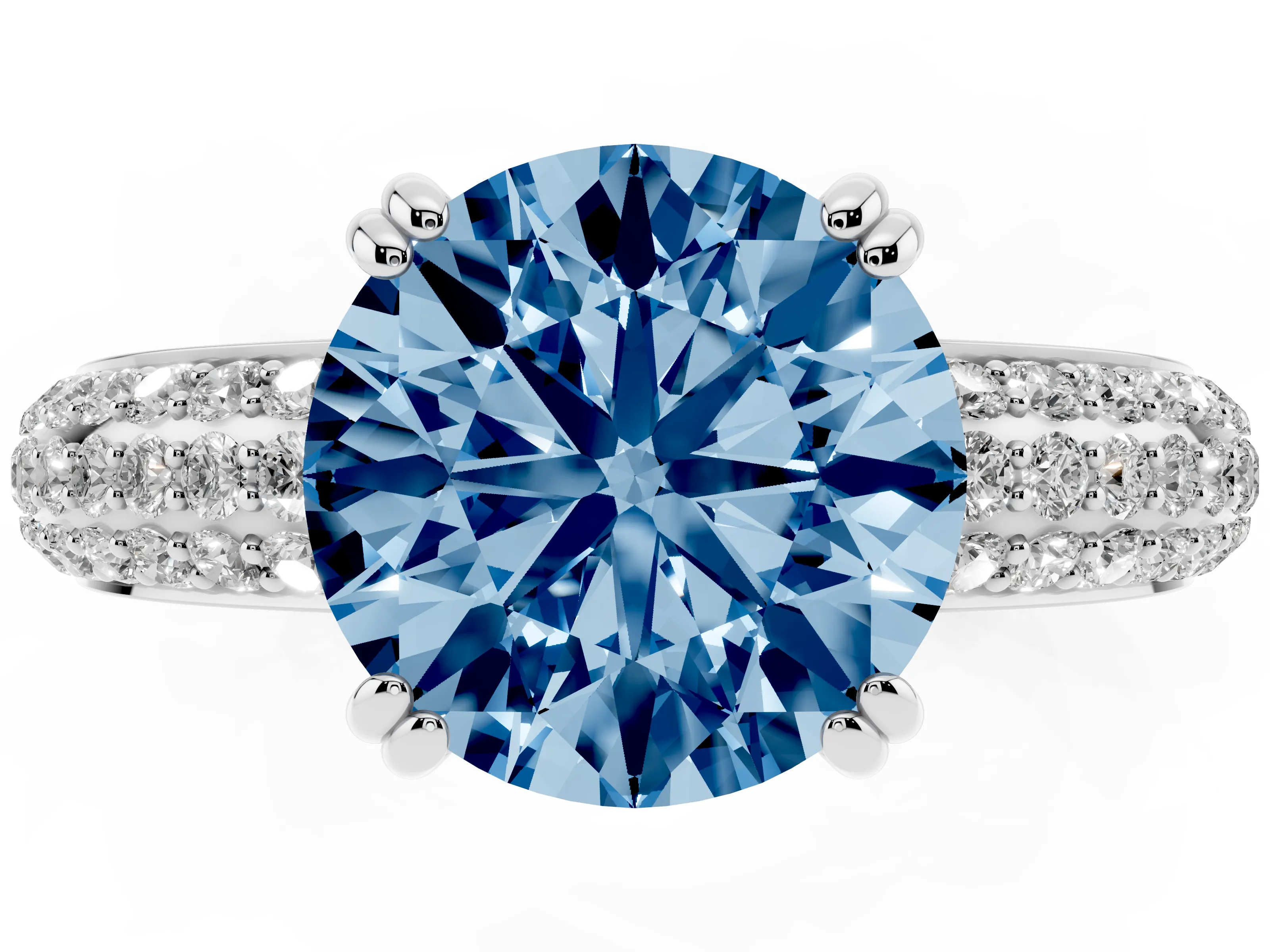 Fancy Blue Round Cut Diamond Solitaire Ring Set in Platinum with Multi-Row Round Pavé Band and Prong Setting