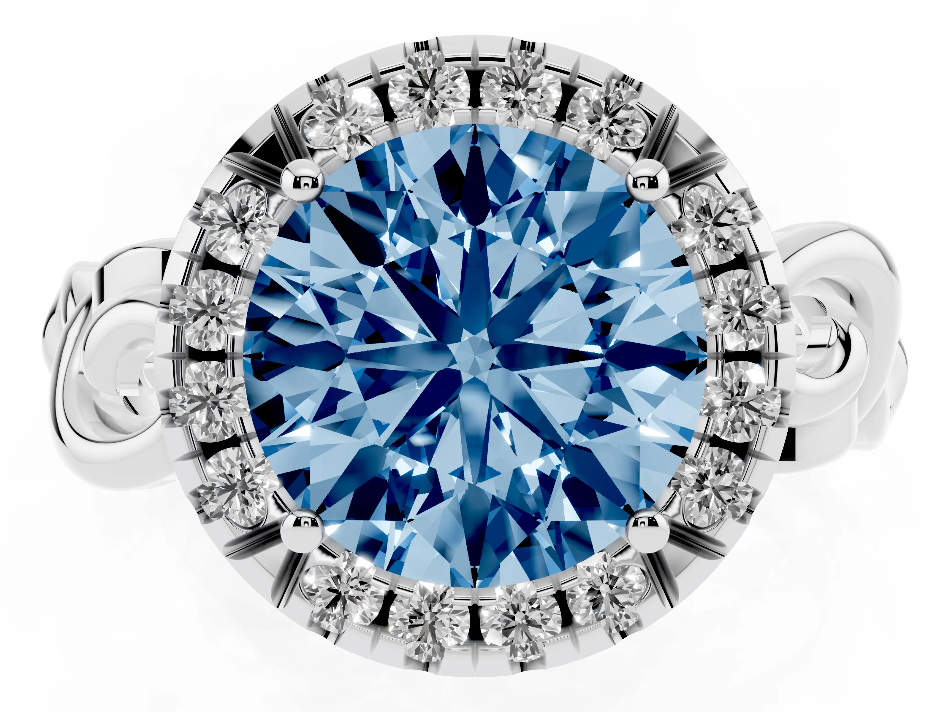 Fancy Blue Round Cut Diamond Halo Ring Set in White gold with Scrollwork Band and Prong Setting