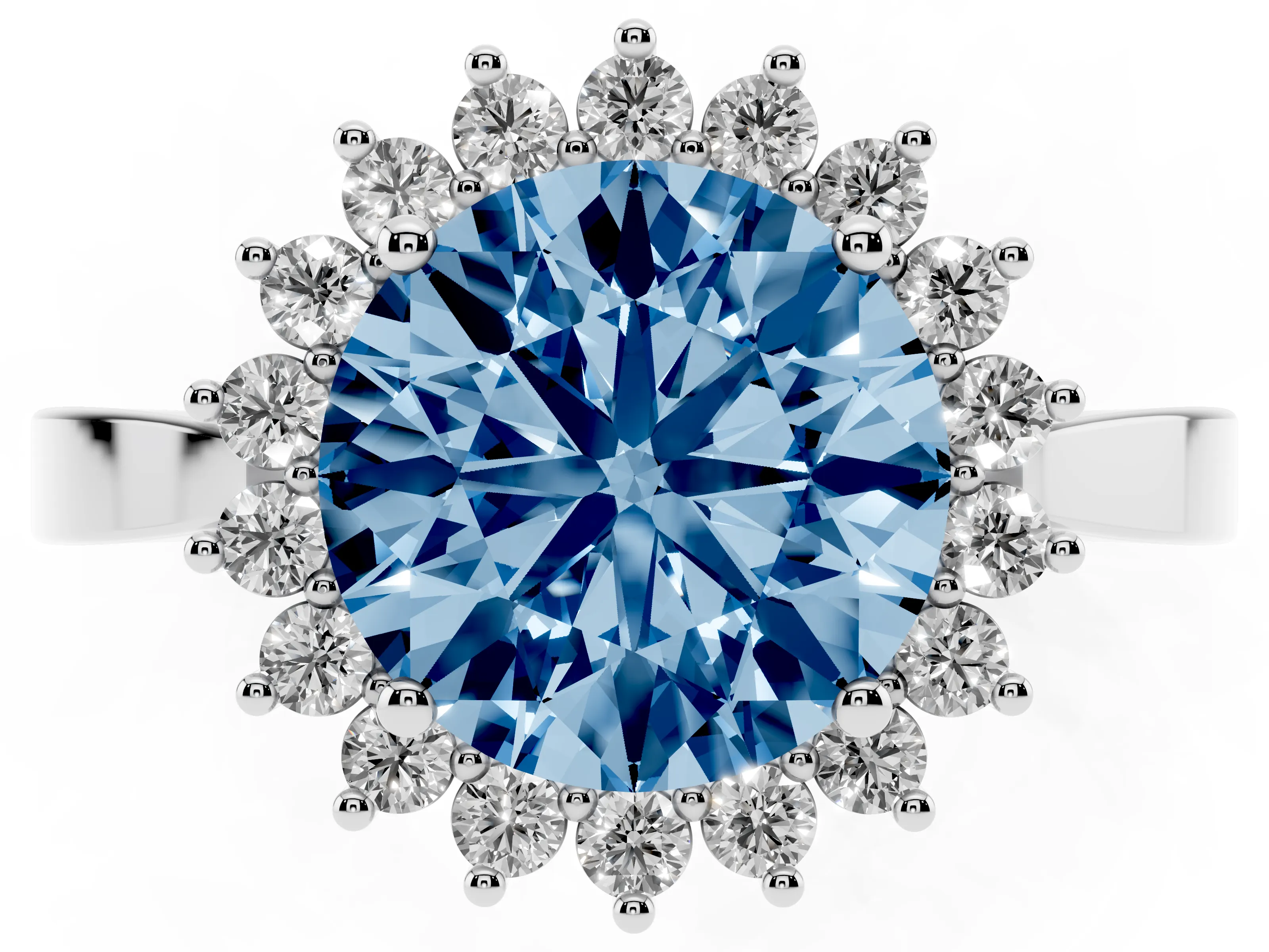 Fancy Blue Round Cut Diamond Halo Ring Set in Platinum with Round Halo and Smooth Solitaire Band