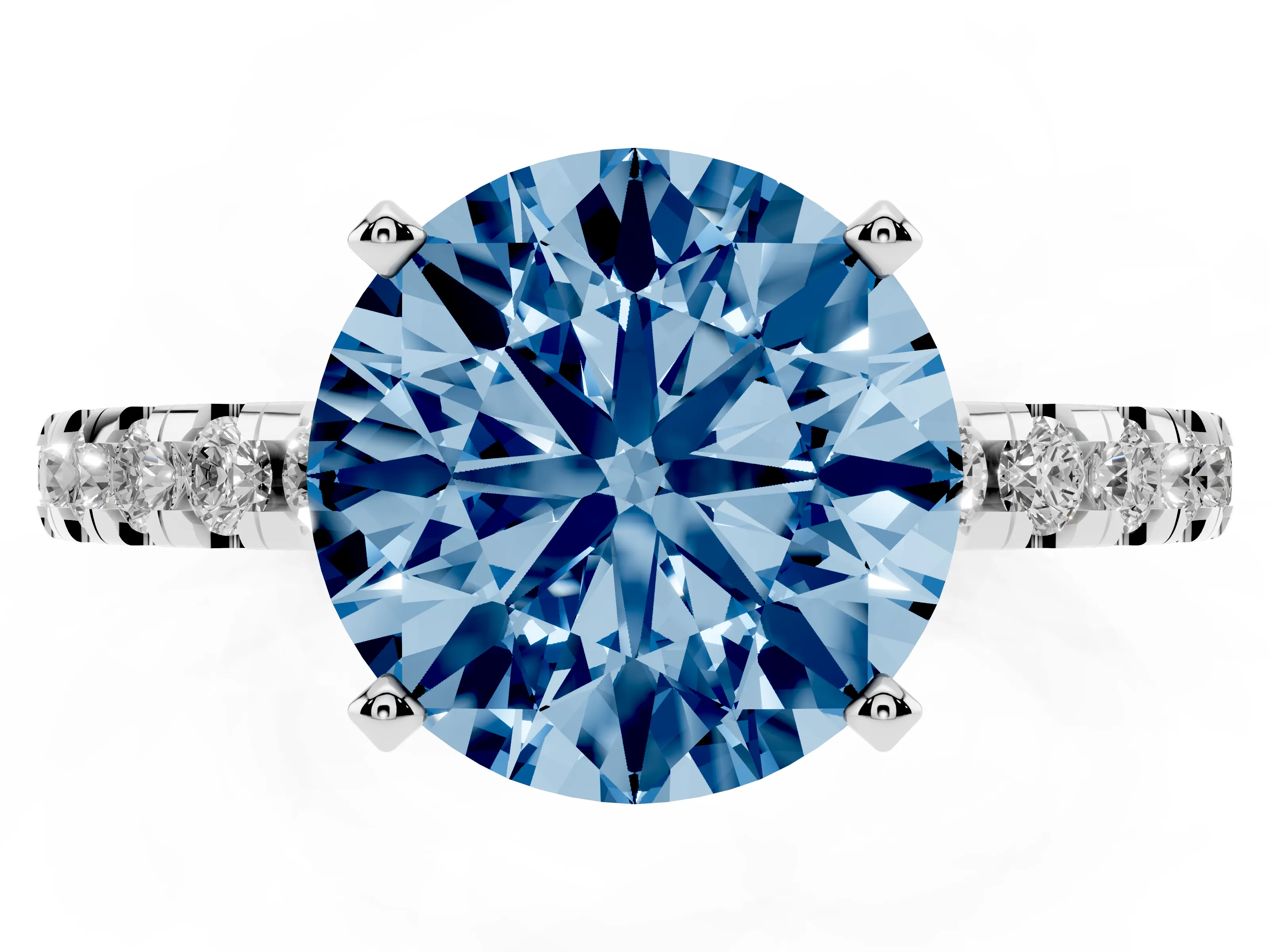 Fancy Blue Round Cut Diamond Pavé Solitaire Ring Set in Platinum with Round Band Accents and Prong Setting