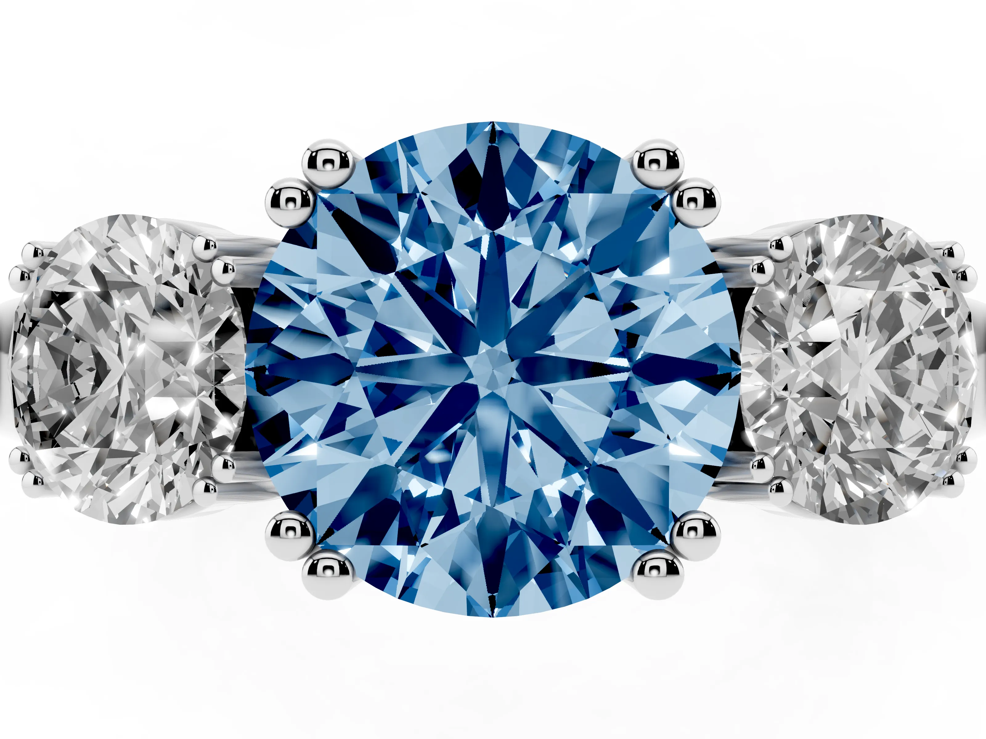 Fancy Blue Round Cut Diamond Three-Stone Ring Set in White gold with Polished Channel-Set Band