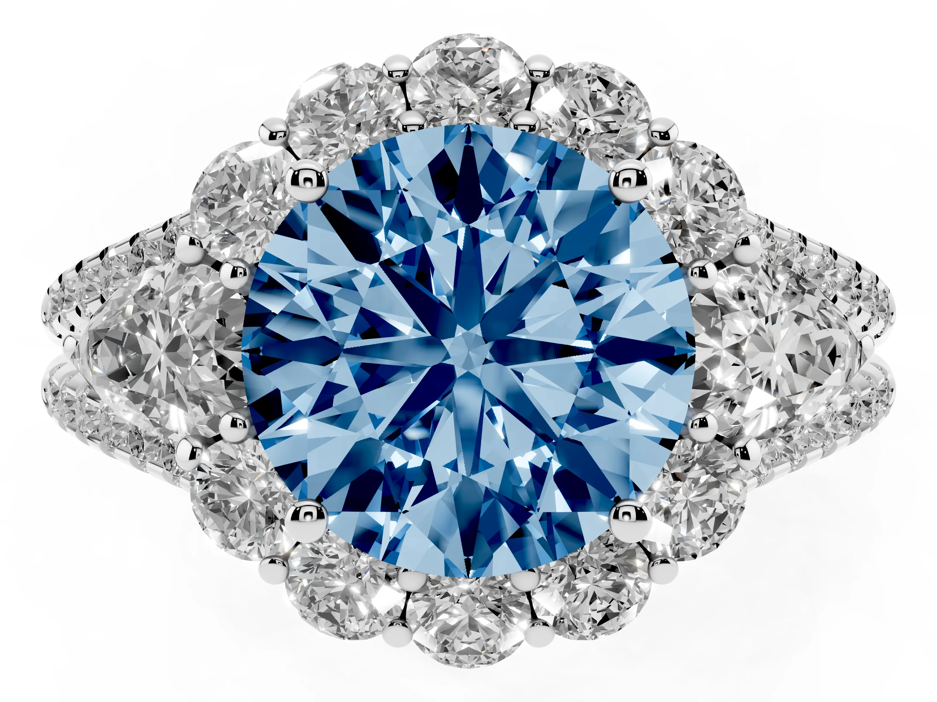 Fancy Blue Round Cut Diamond Halo Split Shank Engagement Ring Set in Silver with Prong-Held Center Stone