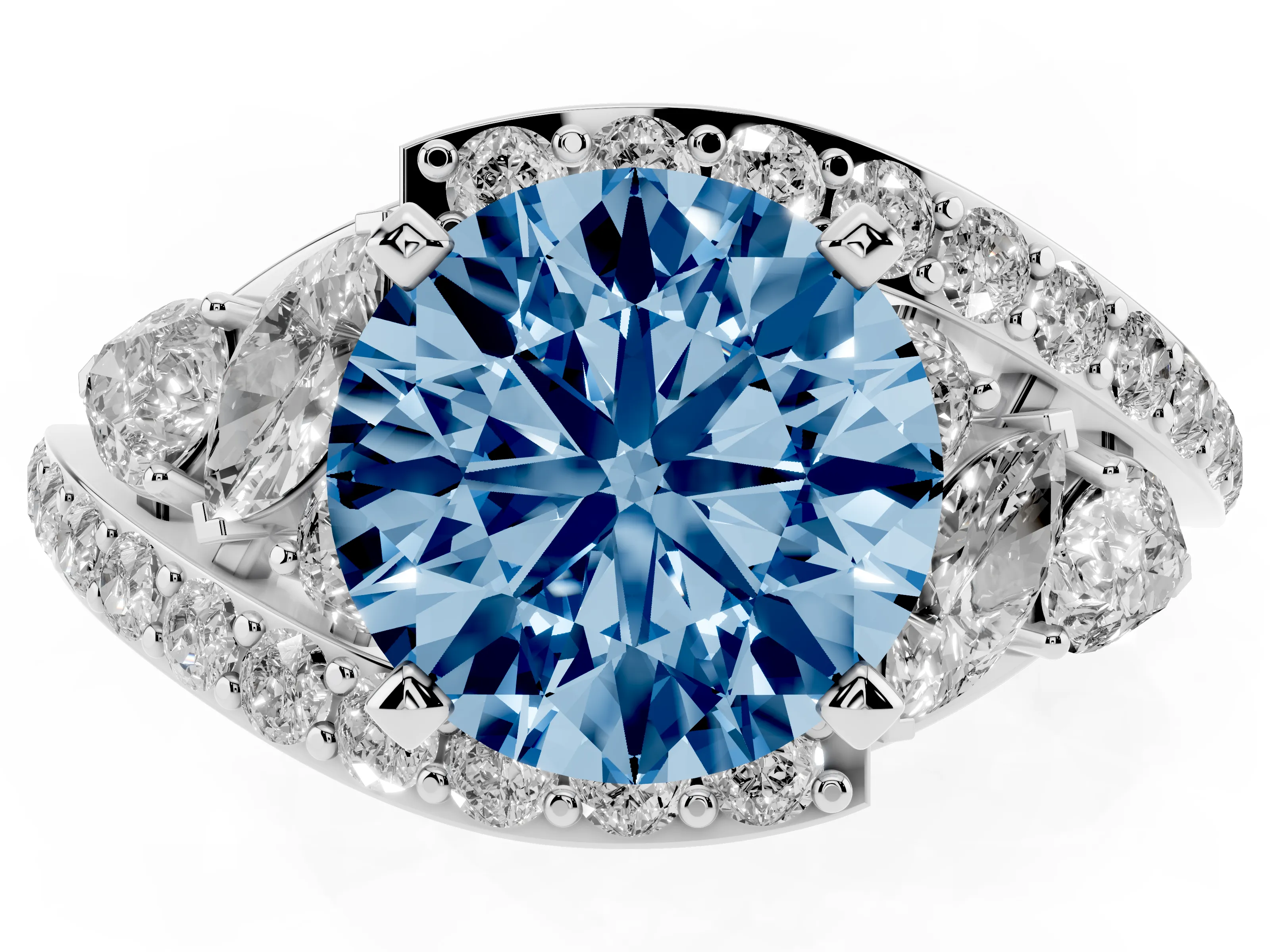 Fancy Blue Round Cut Diamond Halo Ring Set in Platinum with Marquise and Pavé Band in Prong Setting