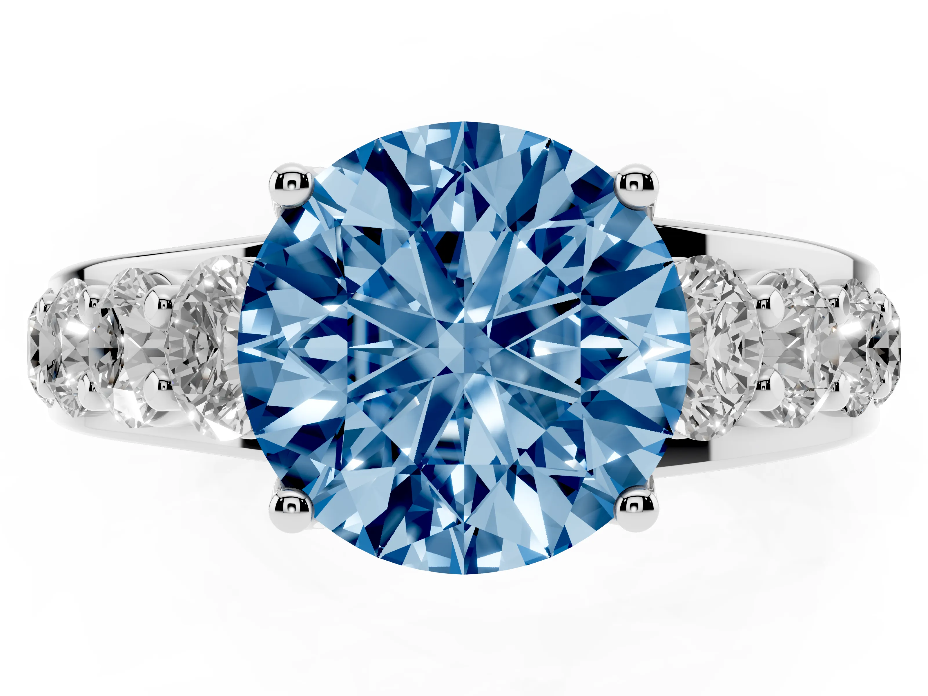 Fancy Blue Round Cut Diamond Pavé Engagement Ring Set in White gold with Prong Setting