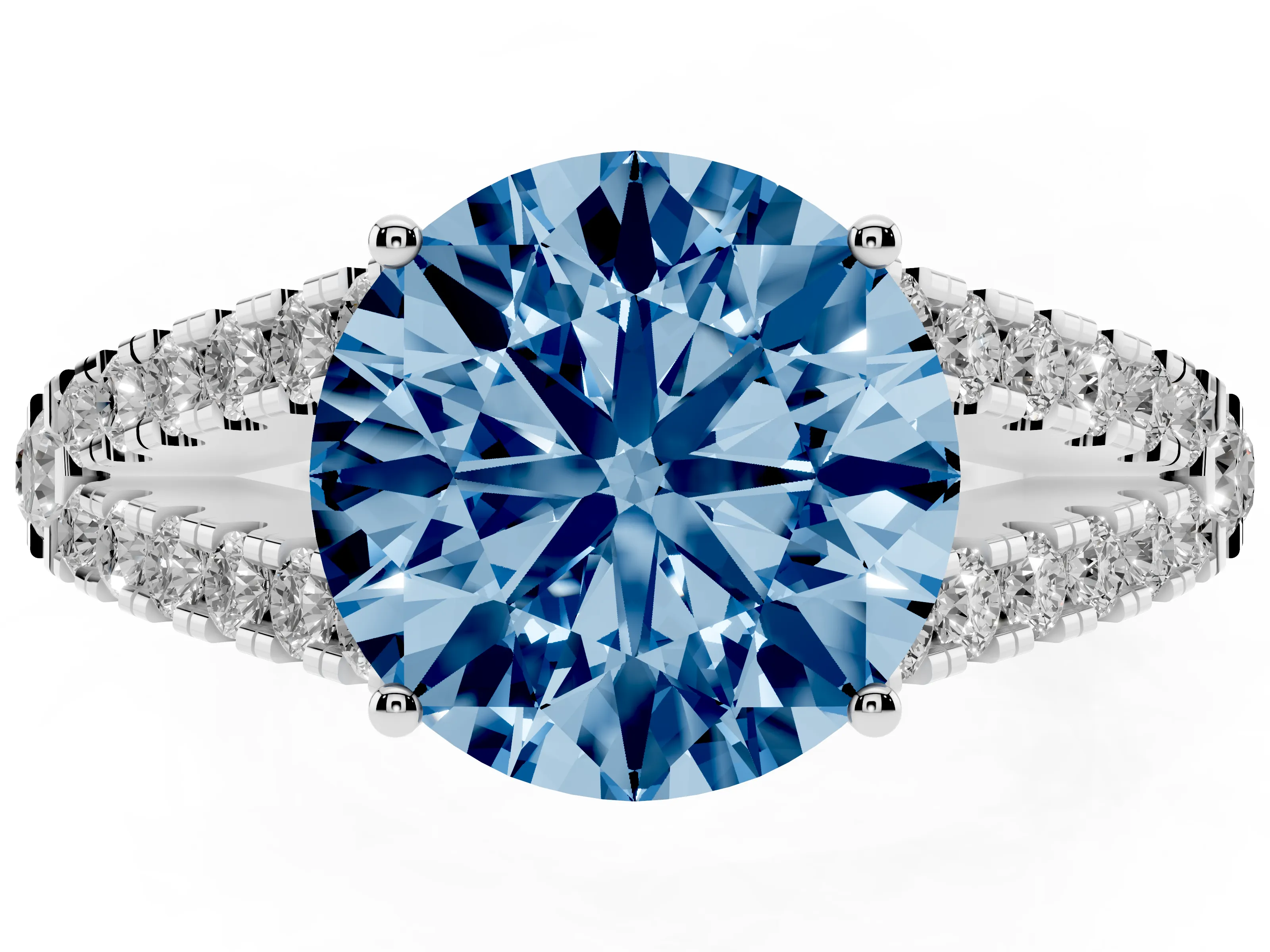 Fancy Blue Round Cut Diamond Split Shank Pavé Engagement Ring Set in Silver with Prong-Held Center Stone