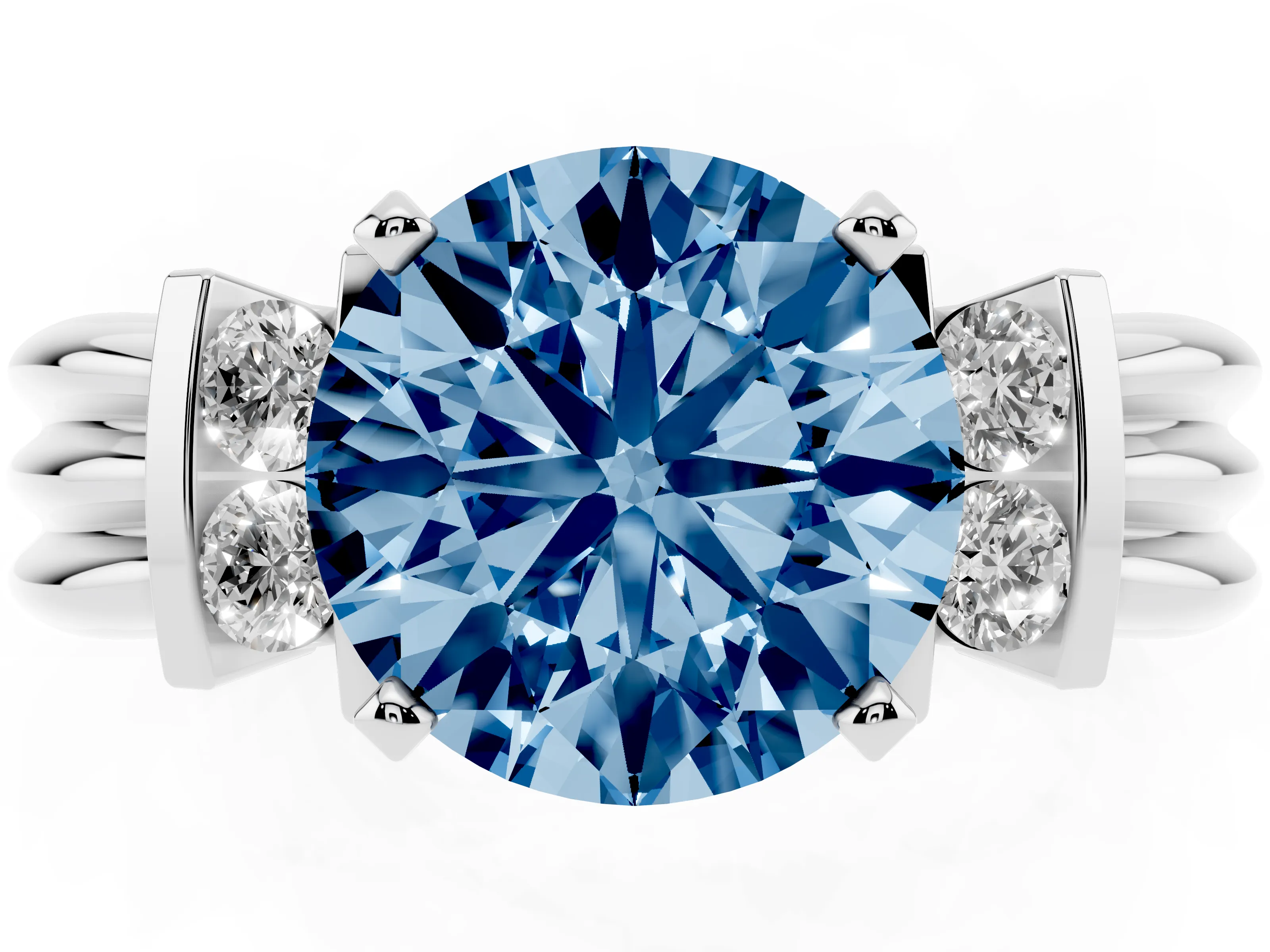 Fancy Blue Three-Stone Round Cut Diamond Channel Set Ring Set in White gold with Bar Prongs