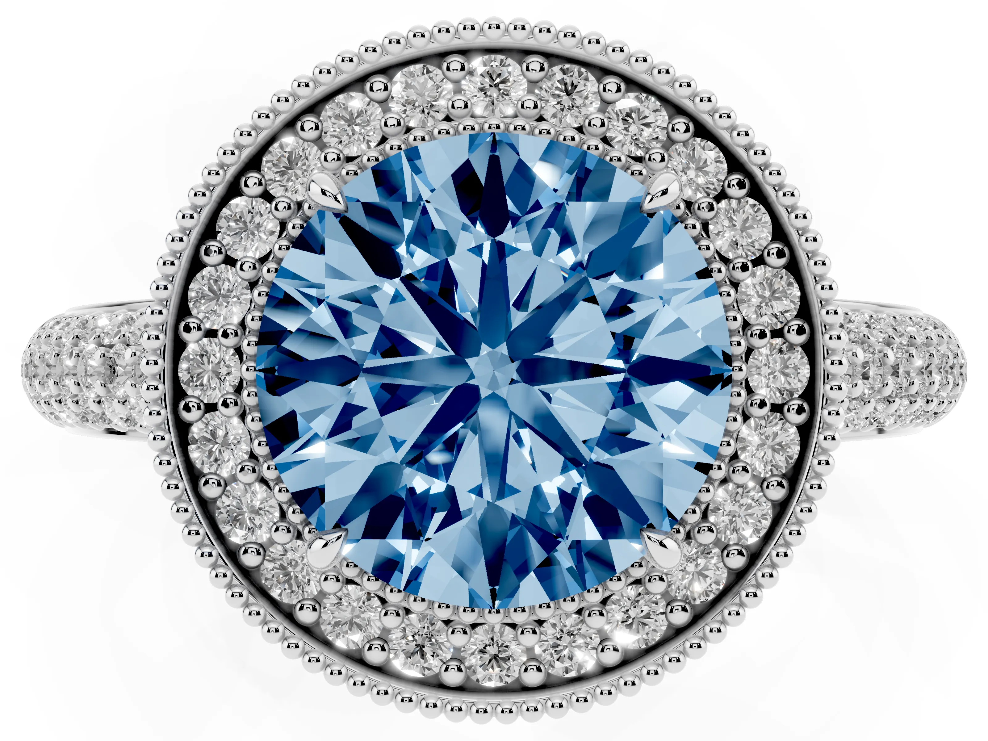 Fancy Blue Round Cut Diamond Halo Pavé Band Set in White gold with Prong Setting