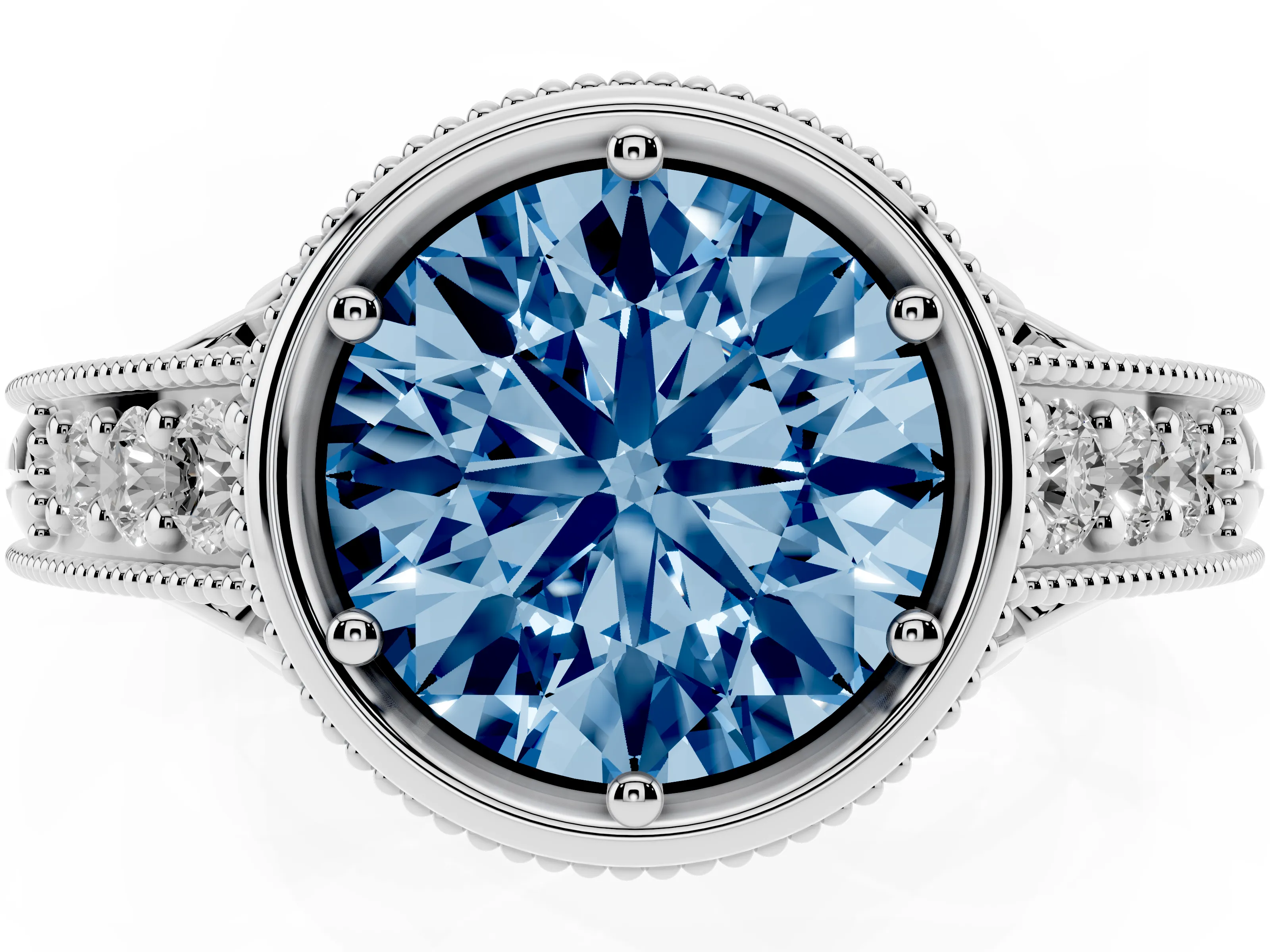 Fancy Blue Bezel Set Round Cut Diamond Milgrain Pavé Engagement Ring Set in Silver