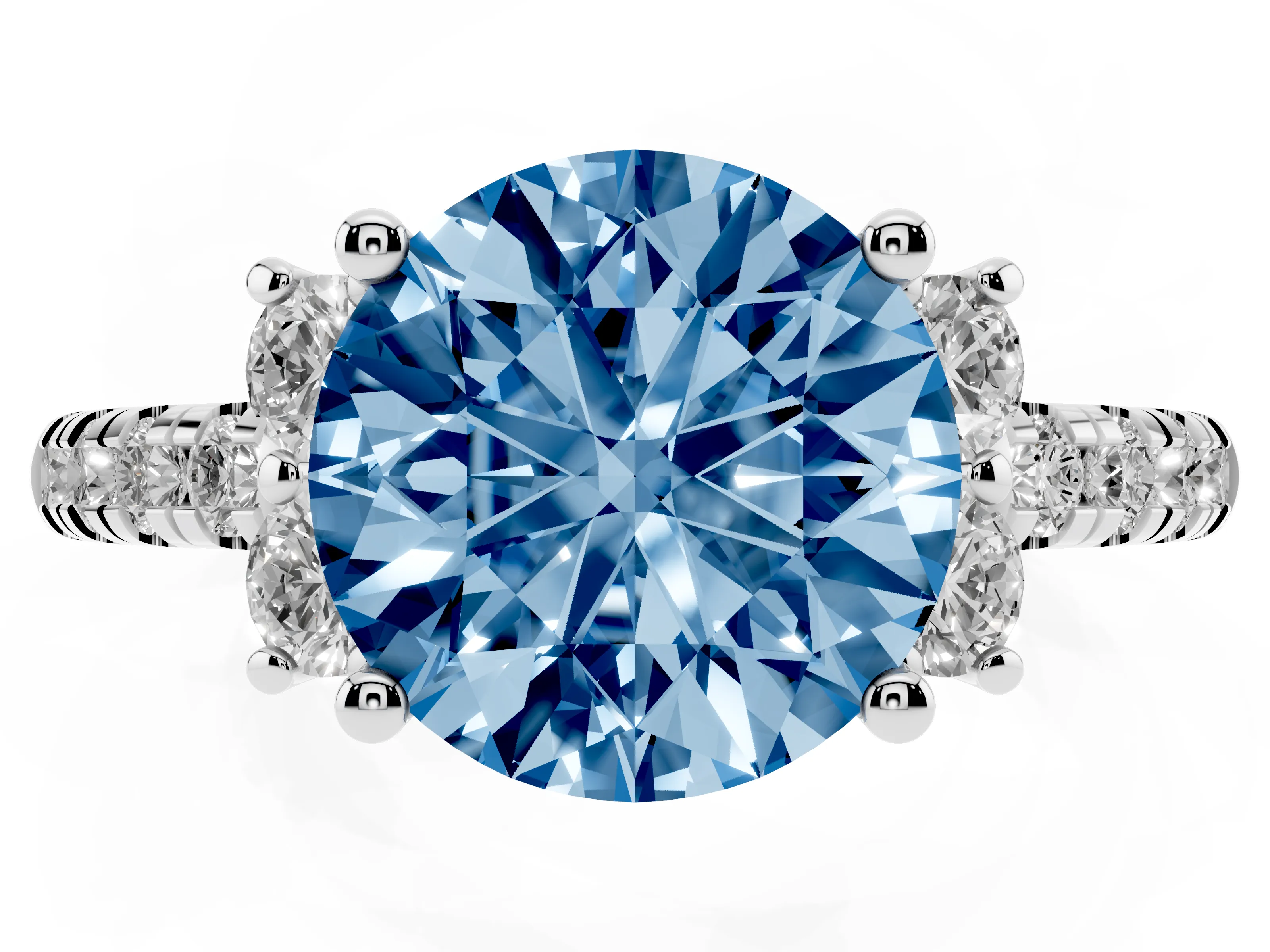 Fancy Blue Round Cut Diamond Three-Stone Pavé Ring Set in White gold with Prong Setting