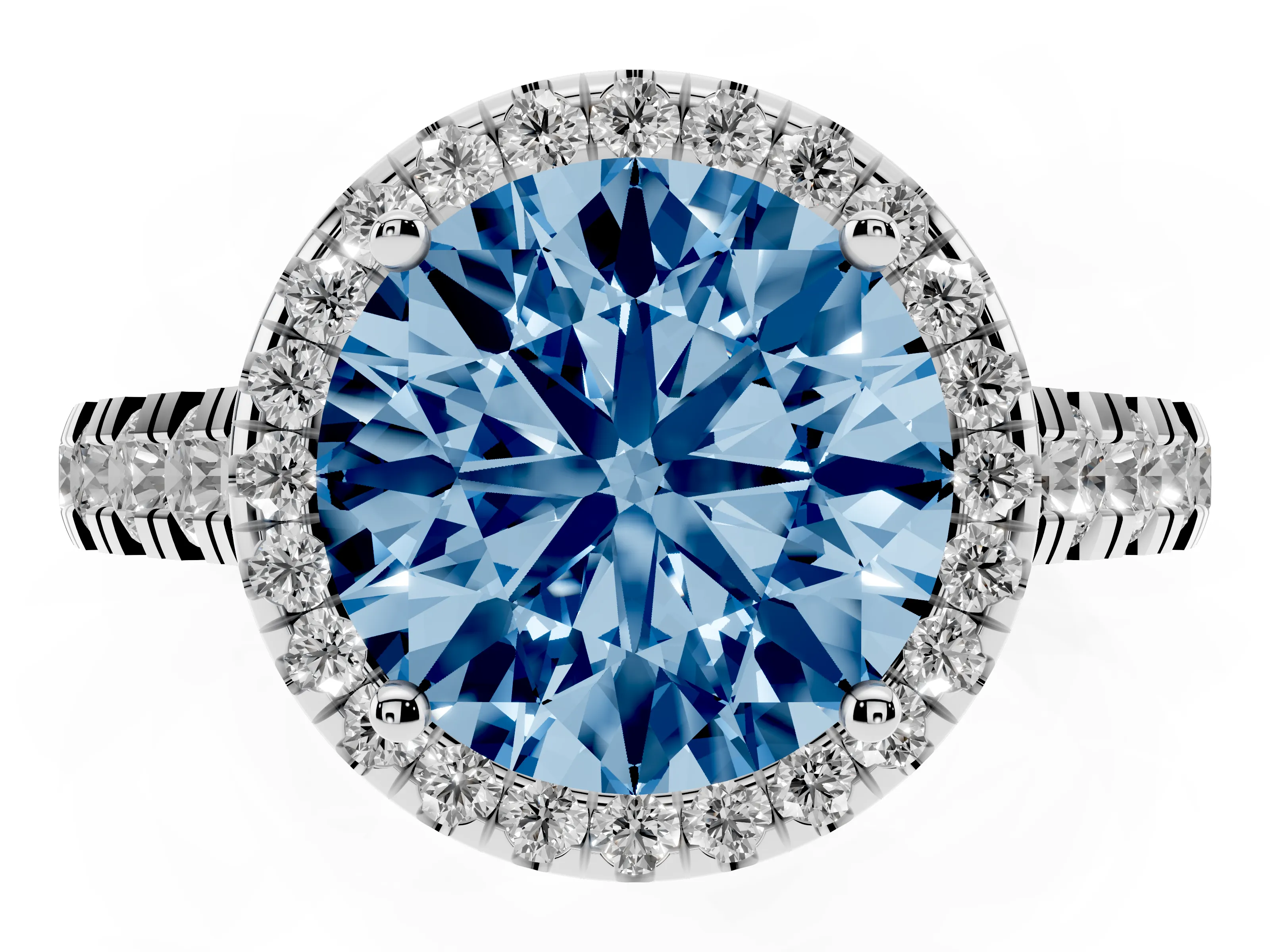 Fancy Blue Round Cut Diamond Halo Engagement Ring Set in Platinum with Pavé Band and Prong-Set Center