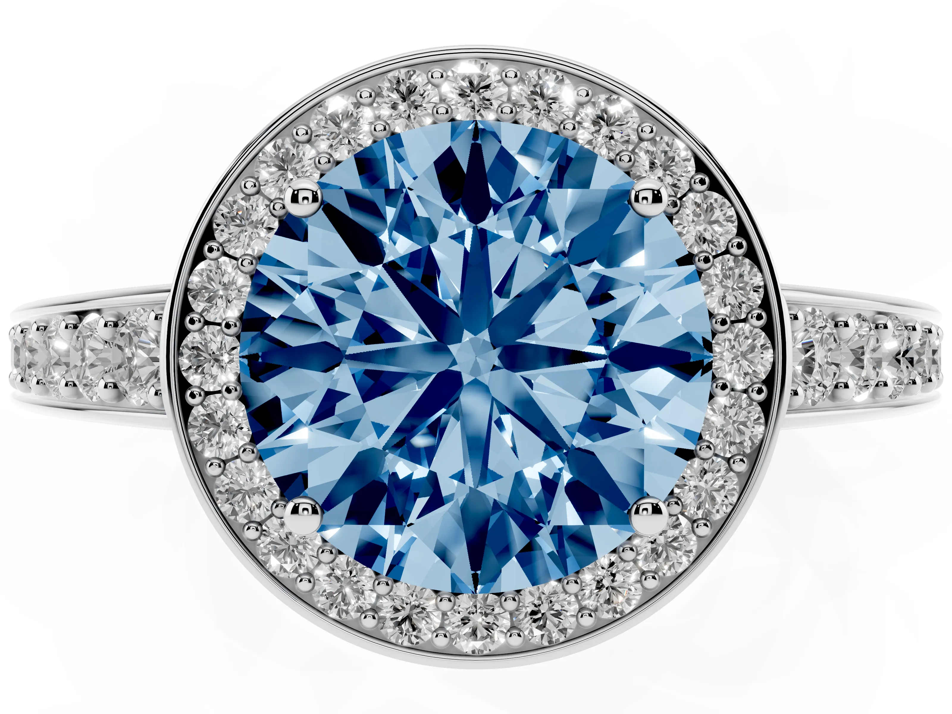 Fancy Blue Round Cut Diamond Halo Pavé Engagement Ring Set in Silver with Bezel Setting