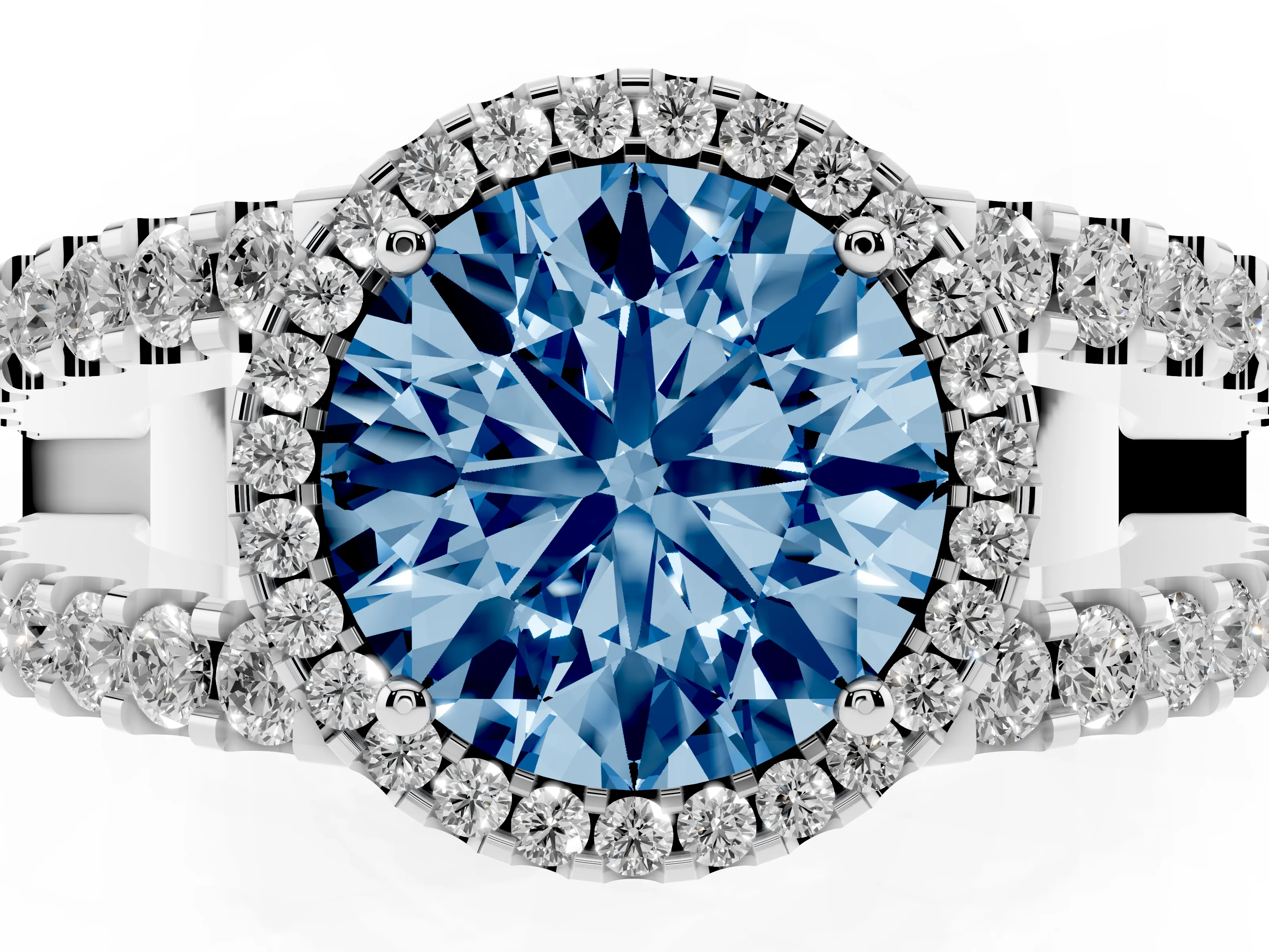Fancy Blue Round Cut Diamond Halo Ring Set in Silver with Pavé Split Shank and Prong Setting
