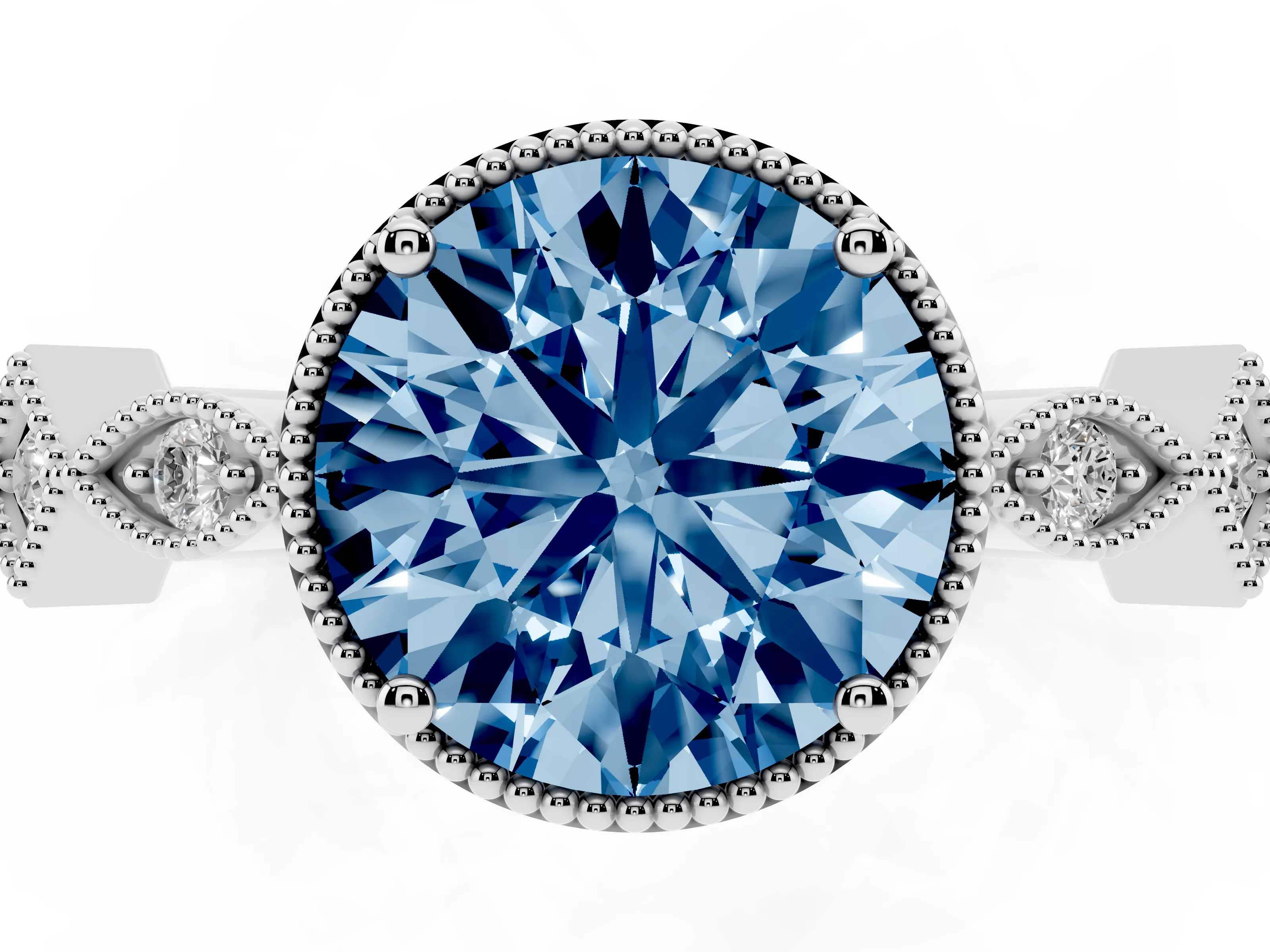 Fancy Blue Round Cut Diamond Milgrain Marquise Twist Band Ring Set in White gold with Prong Setting