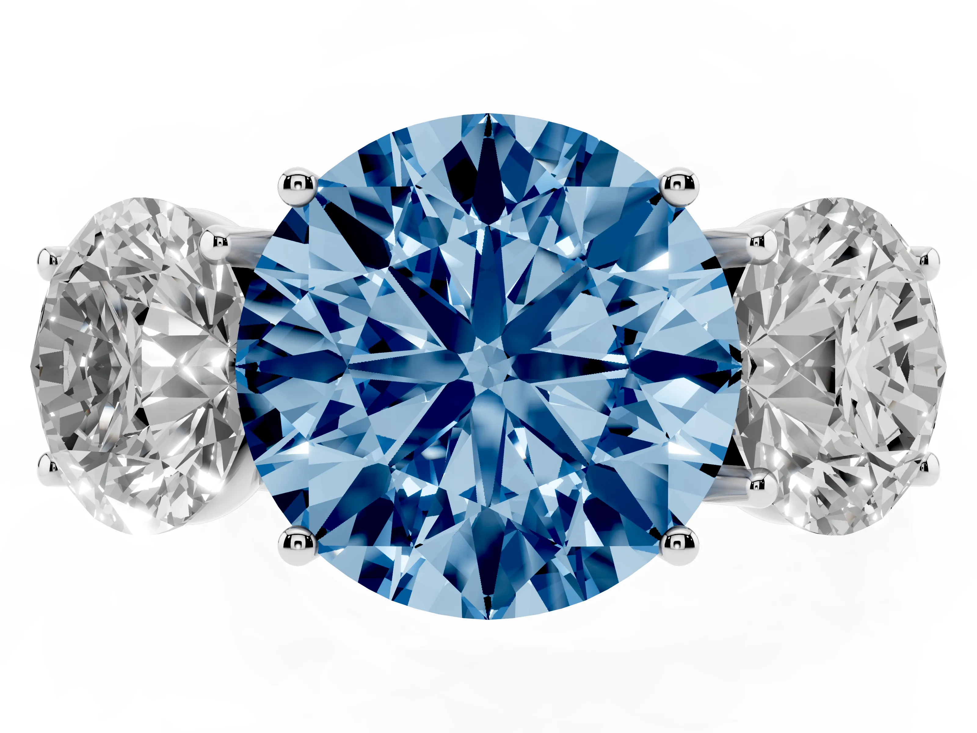 Fancy Blue Round Cut Diamond Three-Stone Ring Set in Platinum with Braided Band