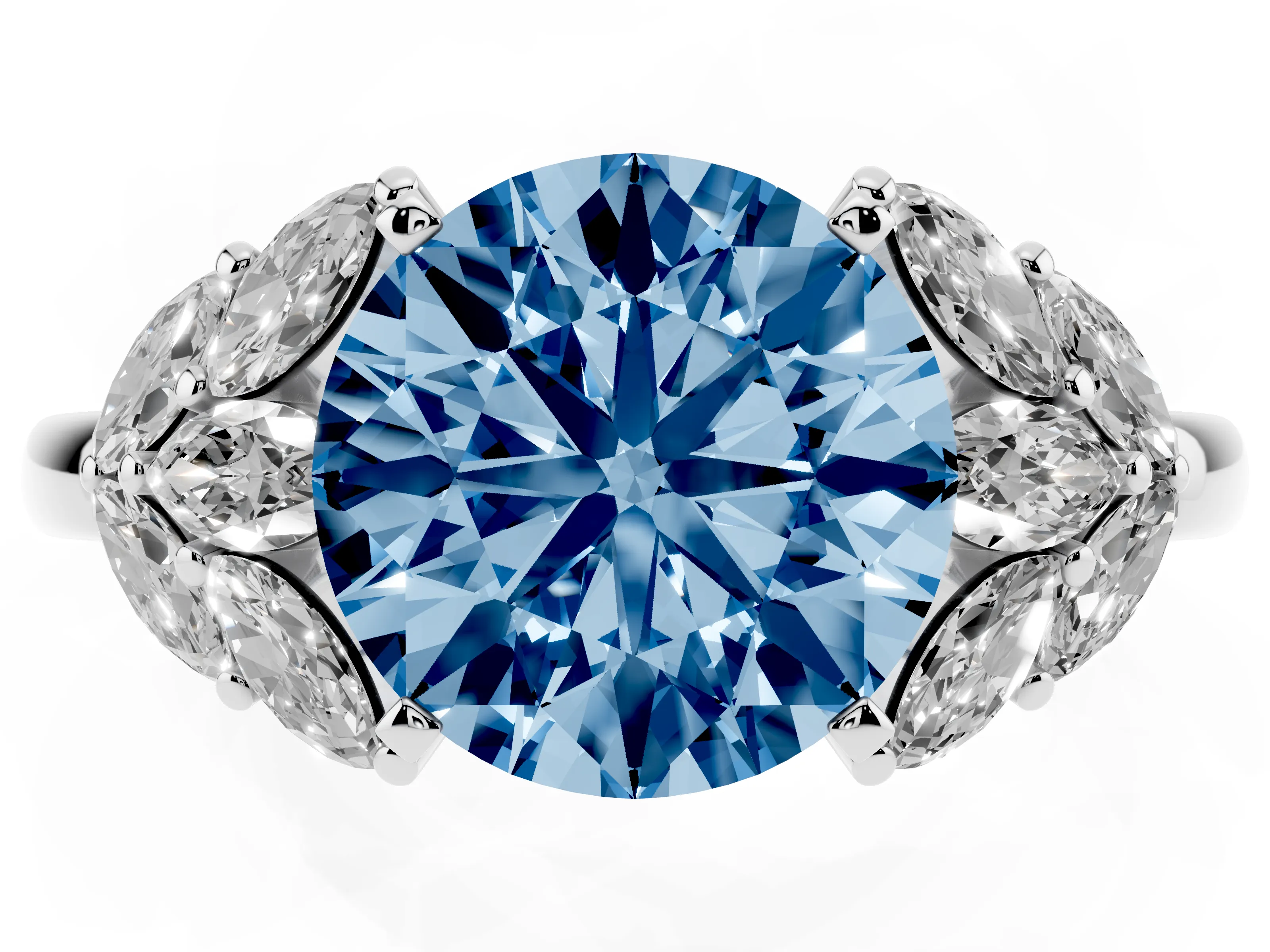 Fancy Blue Round Cut Diamond Cluster Leaf Design Ring Set in Silver with Prong Setting