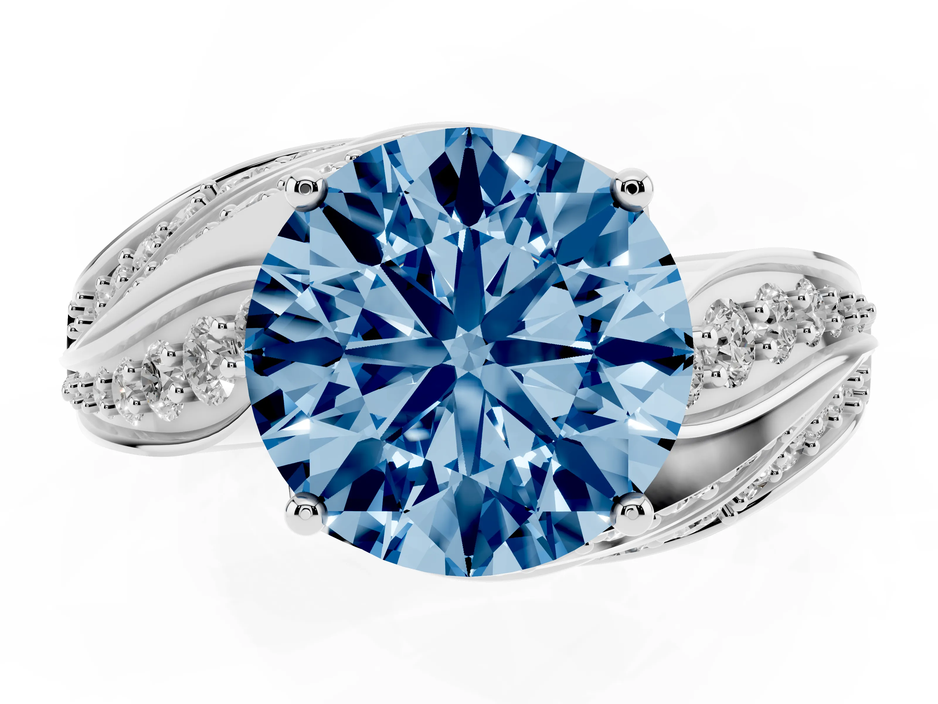 Fancy Blue Round Cut Diamond Solitaire Ring Set in Silver with Layered Twist Pavé Band