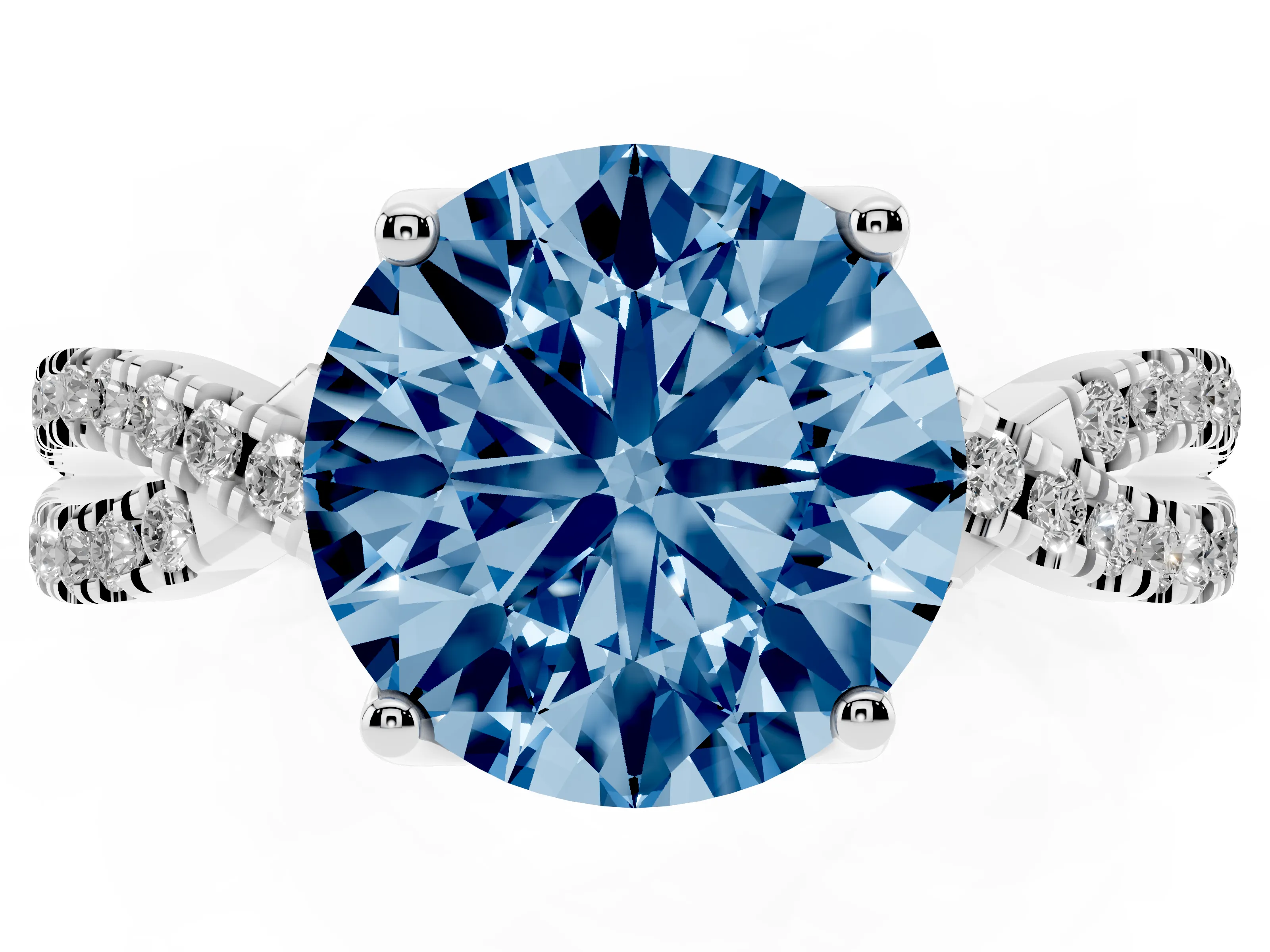 Fancy Blue Round Cut Diamond Twist Pavé Solitaire Engagement Ring Set in Platinum with Prong Setting