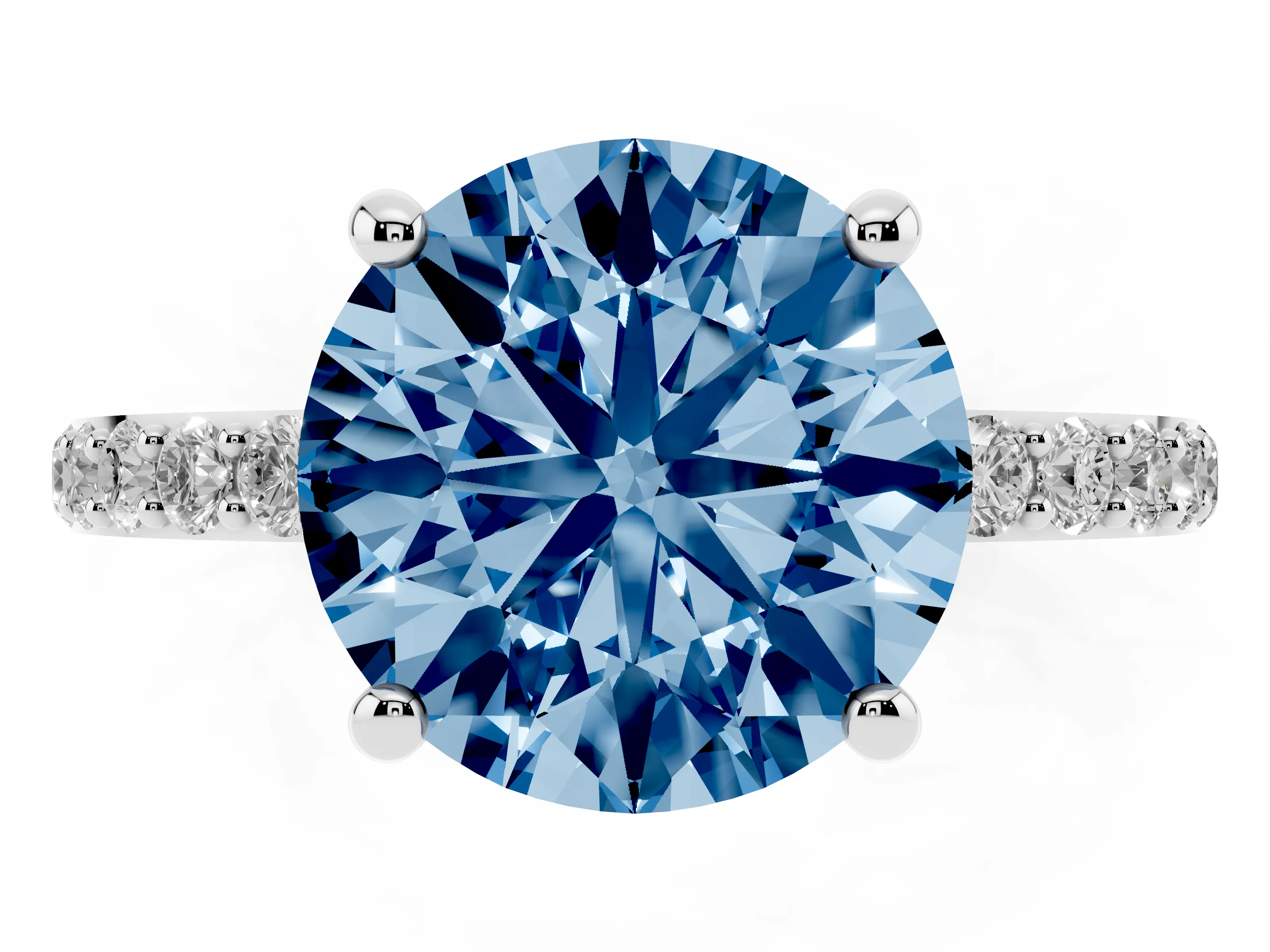 Fancy Blue Round Cut Diamond Solitaire Ring Set in Platinum with Round Pavé Band and Prong Setting