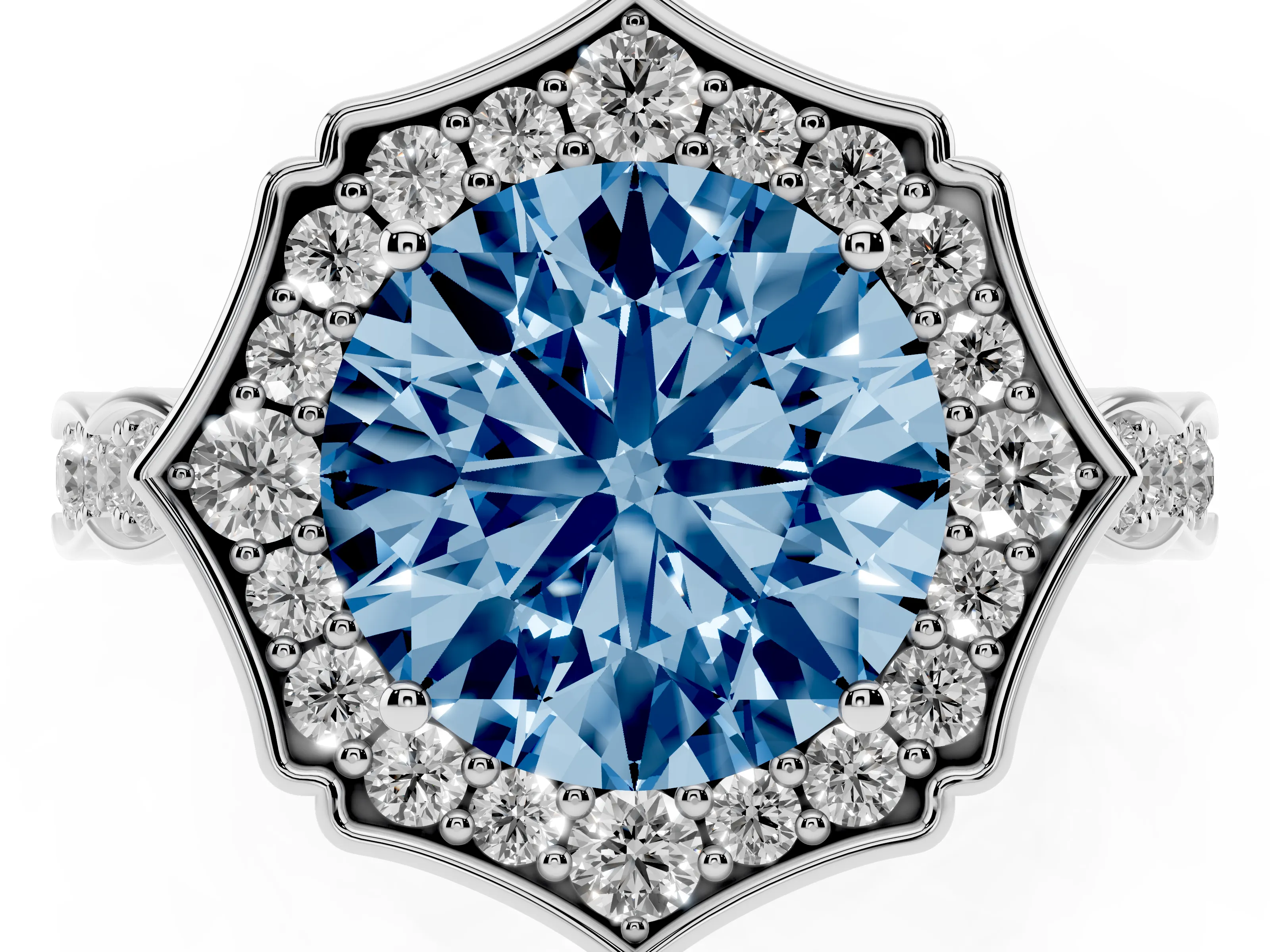 Fancy Blue Round Cut Diamond Halo Engagement Ring Set in White gold with Milgrain Band and Prong Setting